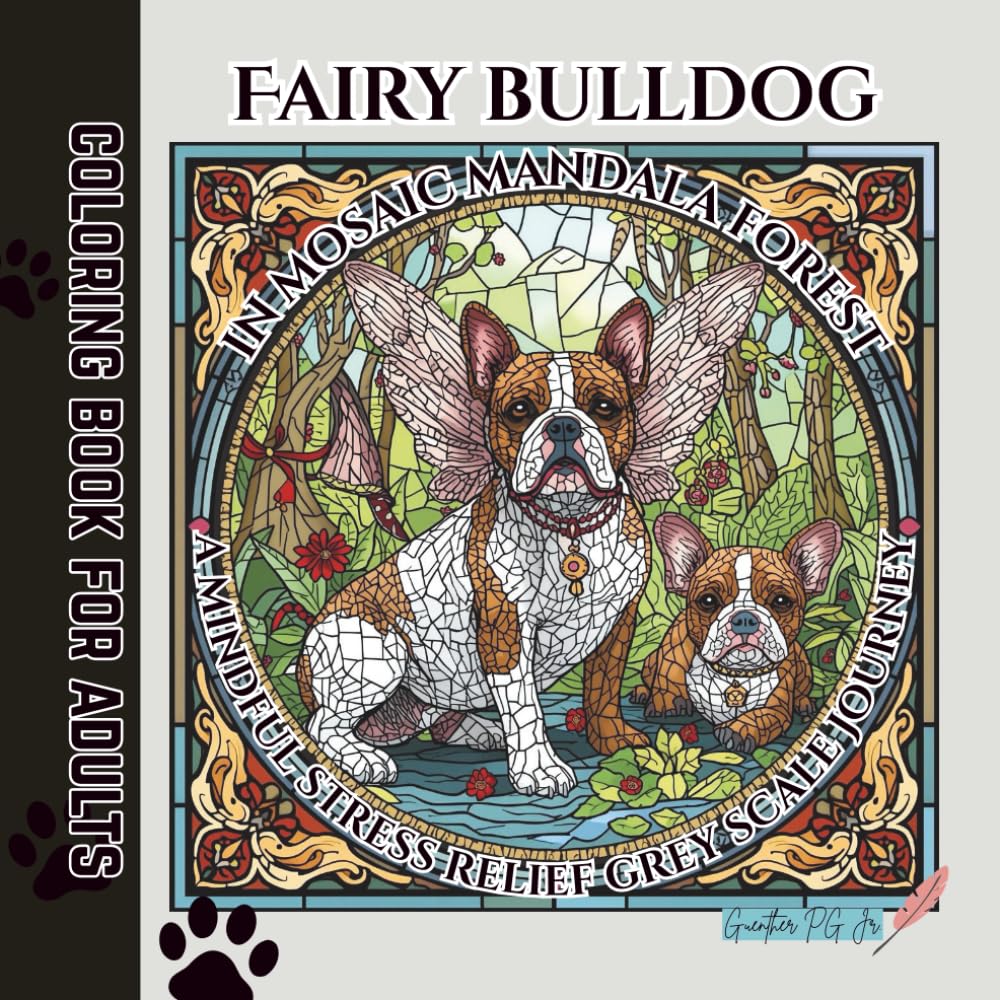 Fairy Bulldog in mosaic mandala forest: a mindful stress relief grey scale journey