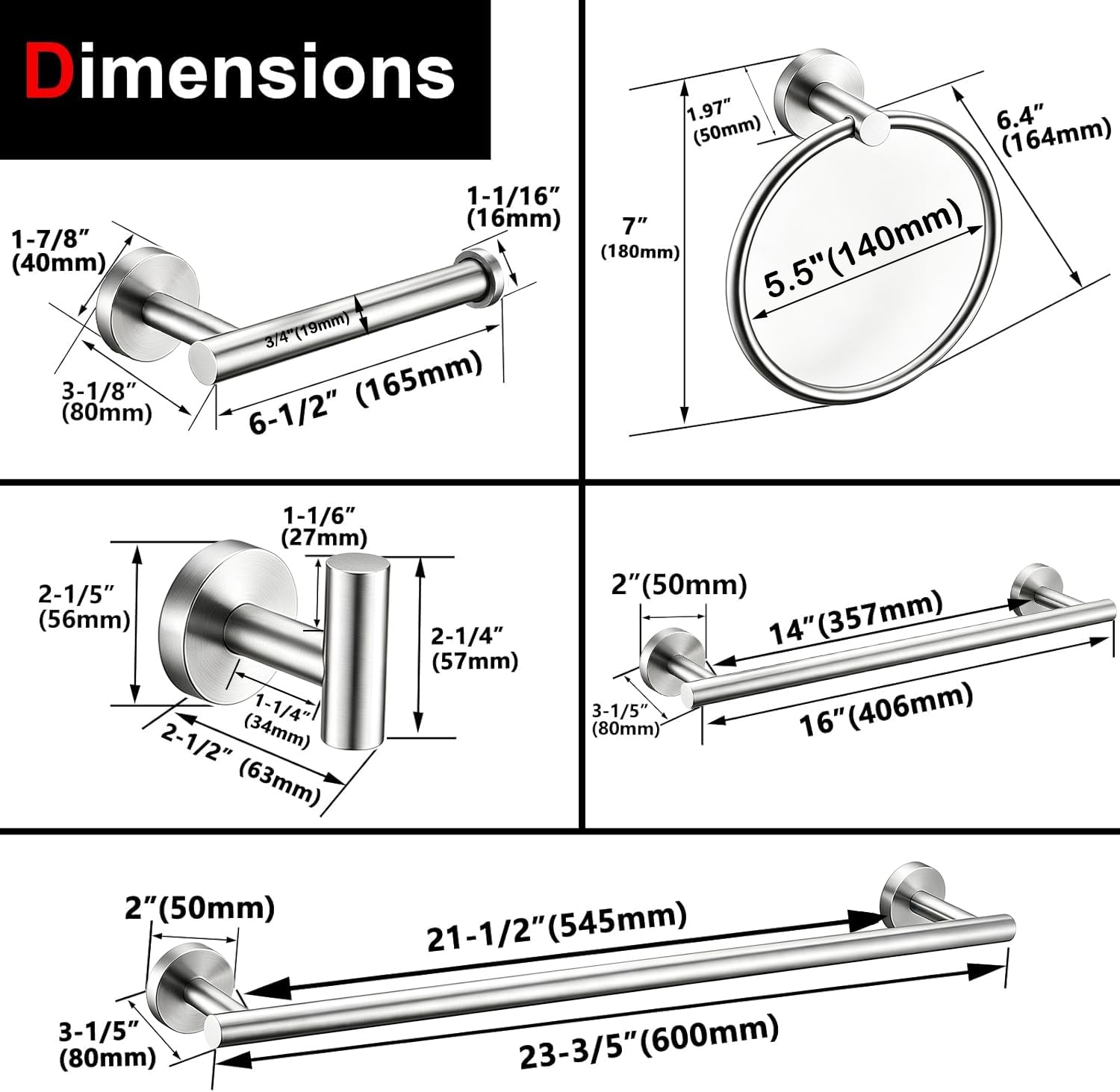 6 Pieces Brushed Nickel Bathroom Hardware Accessories Set Hand Towel Ring 16&23.6 inch Round Towel Bar Silver Toilet Paper Holder Towel Hooks 2 Pieces SUS 304 Stainless Steel,Heavy Duty,Wall Mounted — Amazon image 7