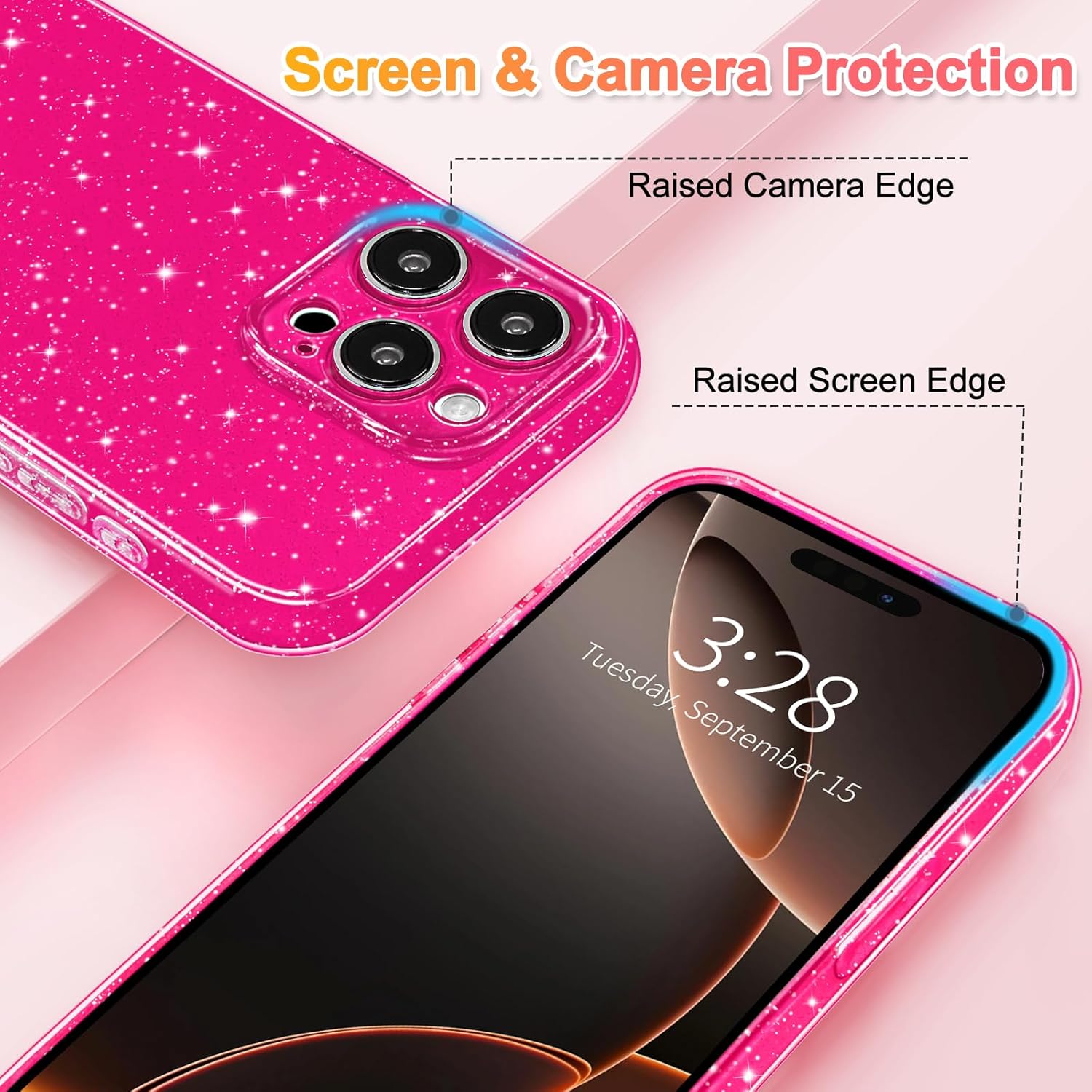 Hython Case for iPhone 16 Pro Case Glitter Cute Sparkly Shiny Bling Sparkle Phone Cases 6.3", Thin Slim Fit Soft TPU Bumper Shockproof Rubber Protective Cover for Women Girls Girly, Hot Pink - Image 3