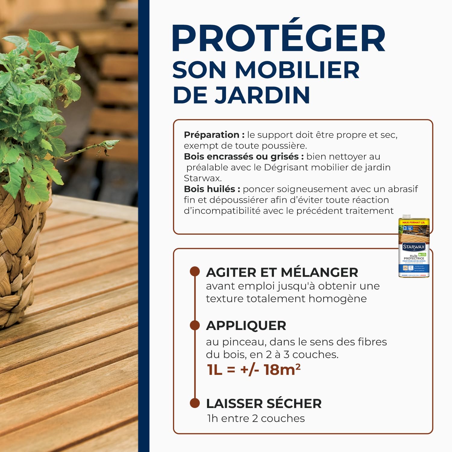 STARWAX Huile protectrice pour mobilier de jardin 1,2L, incolore, nourrit et protège les bois de jardin grisés, anti-tache anti-graisse, barrière anti-UV, préserve l'aspect mat, 15m²/L