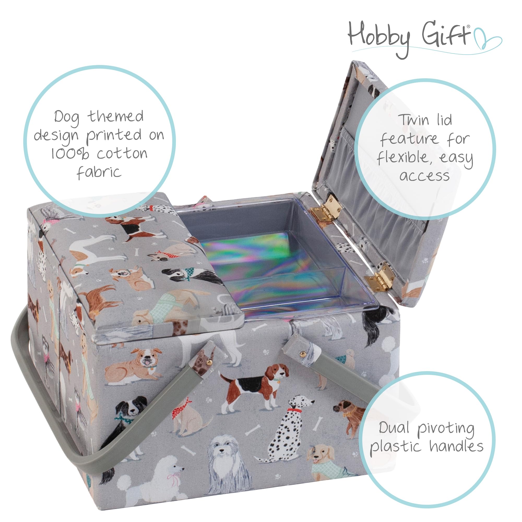Hobby Gift Ekskluzywne duże pudełko do szycia z podwójną pokrywą, pudełko do przechowywania rękodzieła, taca na akcesoria, poduszka na szpilki, uchwyty pcv, 25 x 25 x 17 cm, szare psy