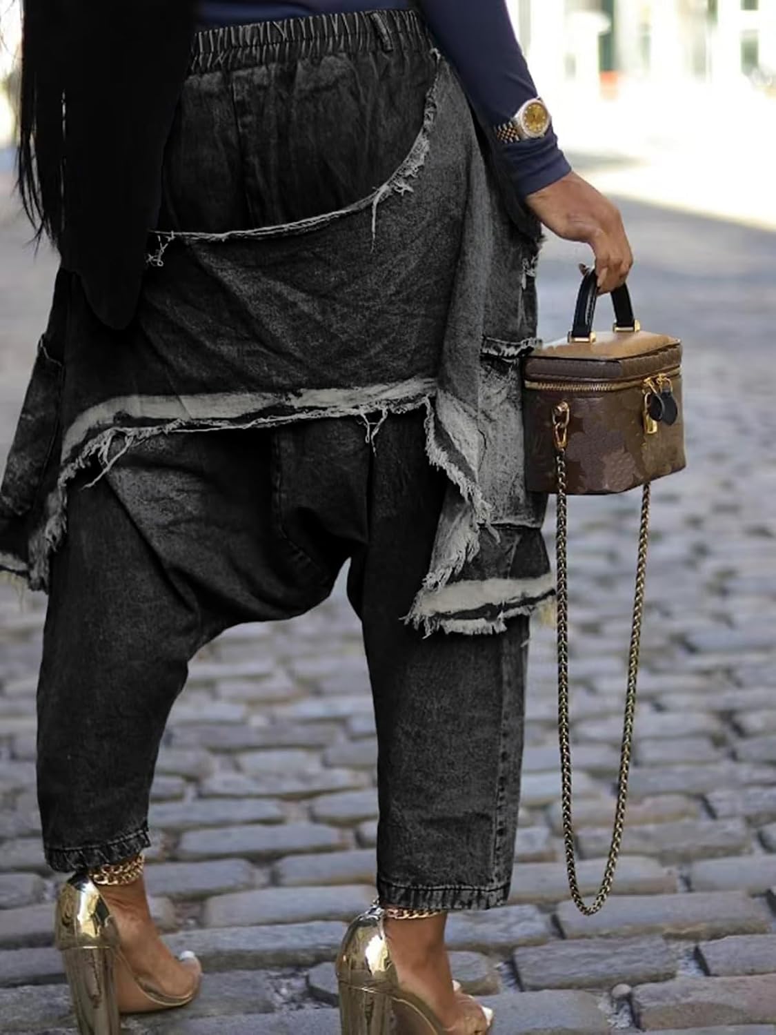 Womens Baggy Harem Jeans Hippie Patchwork Cargo Denim Pants Casual Elastic Waist Wide Leg Jogger Trousers - Image 4