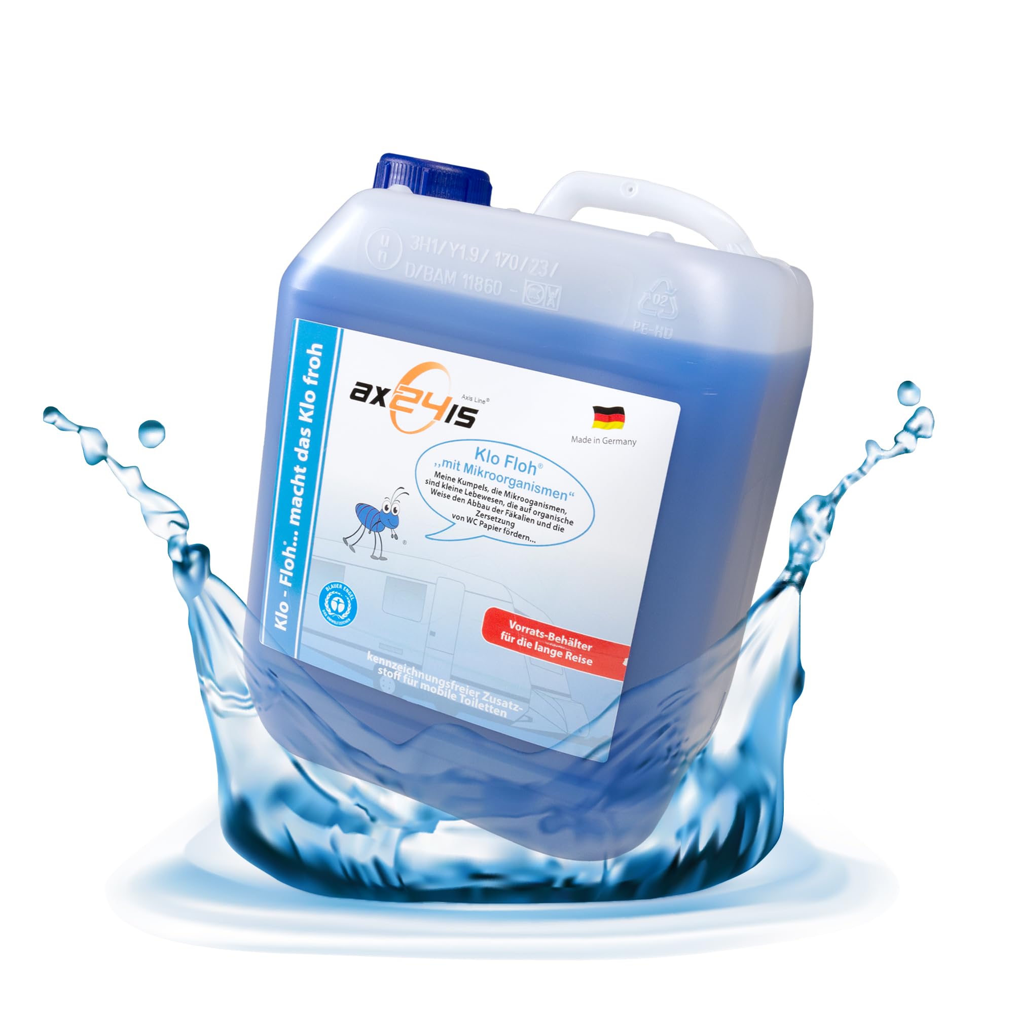 5L Sanitärflüssigkeit Klo Floh für Campingtoilette & Chemie-WC - Bio | Biologisch abbaubarer Camping-WC-Zusatz mit Blauem Engel - Ideal für Kassettentoiletten mit Mikroorganismen die alles fressen