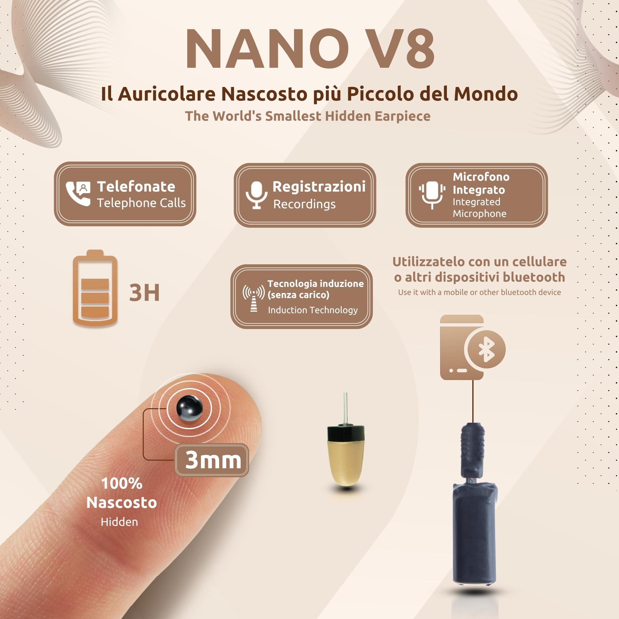 PingaOculto Auricolari Spia Bluetooth Esami (Nano V8 + Vip Pro SuperMini) | 2 microauricolari (Nano e Vip Pro SuperMini), Microfono integrato, Chiamate e registrazioni, Collare a induzione, Invisibile