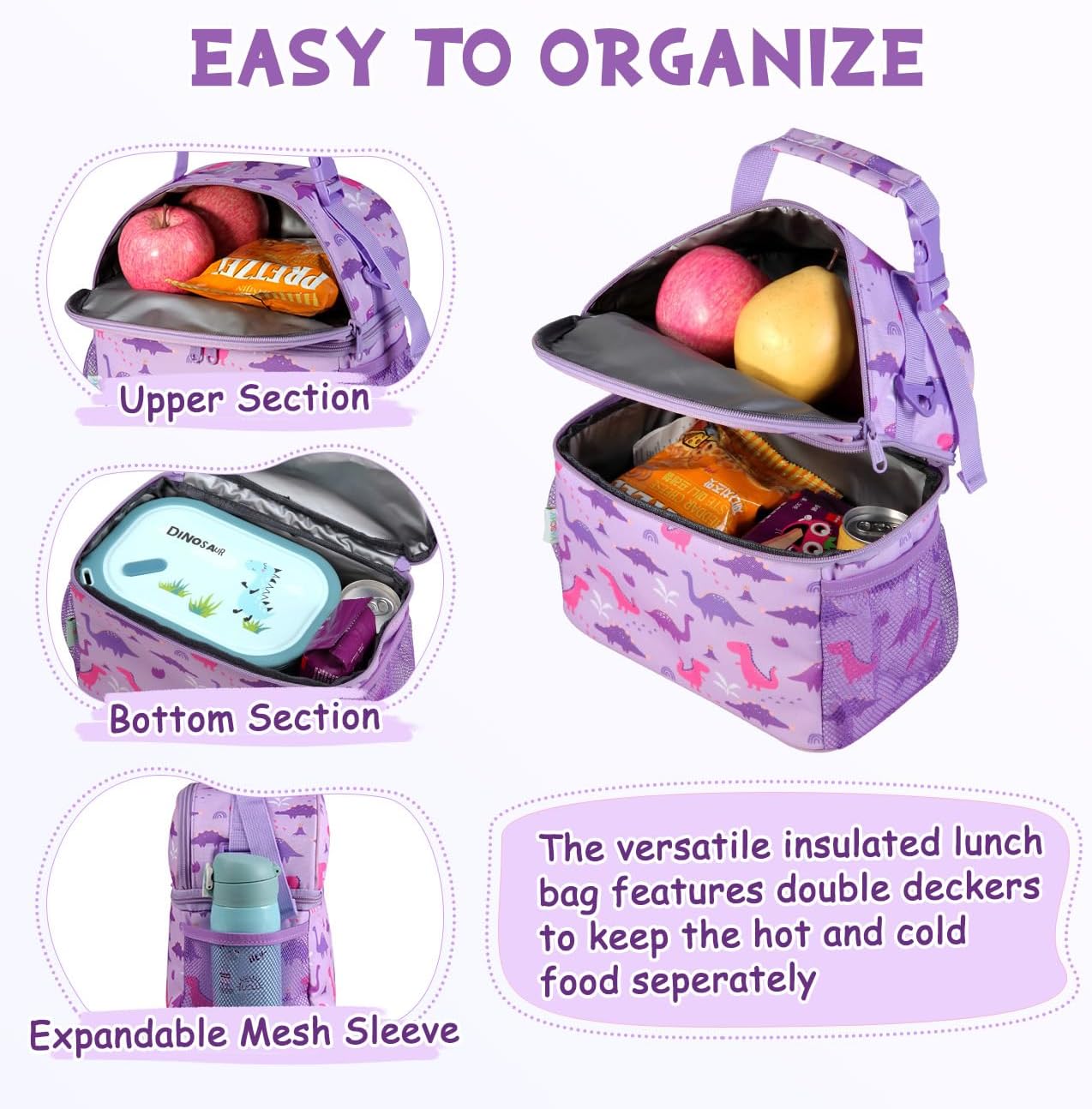 VASCHY Lunch Box Bag for Kids, Insulated Double Compartments Cooler Lunch Tote for Toddlers Girls School/Daycare/Picnic Lilac Dinos