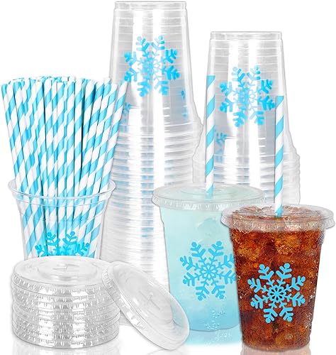 Miniatura 8 de Whaline 50 vasos de plástico desechables con tapa y pajitas de 12 onzas con cara sonriente, vasos de fiesta de cara feliz para bebidas frías para