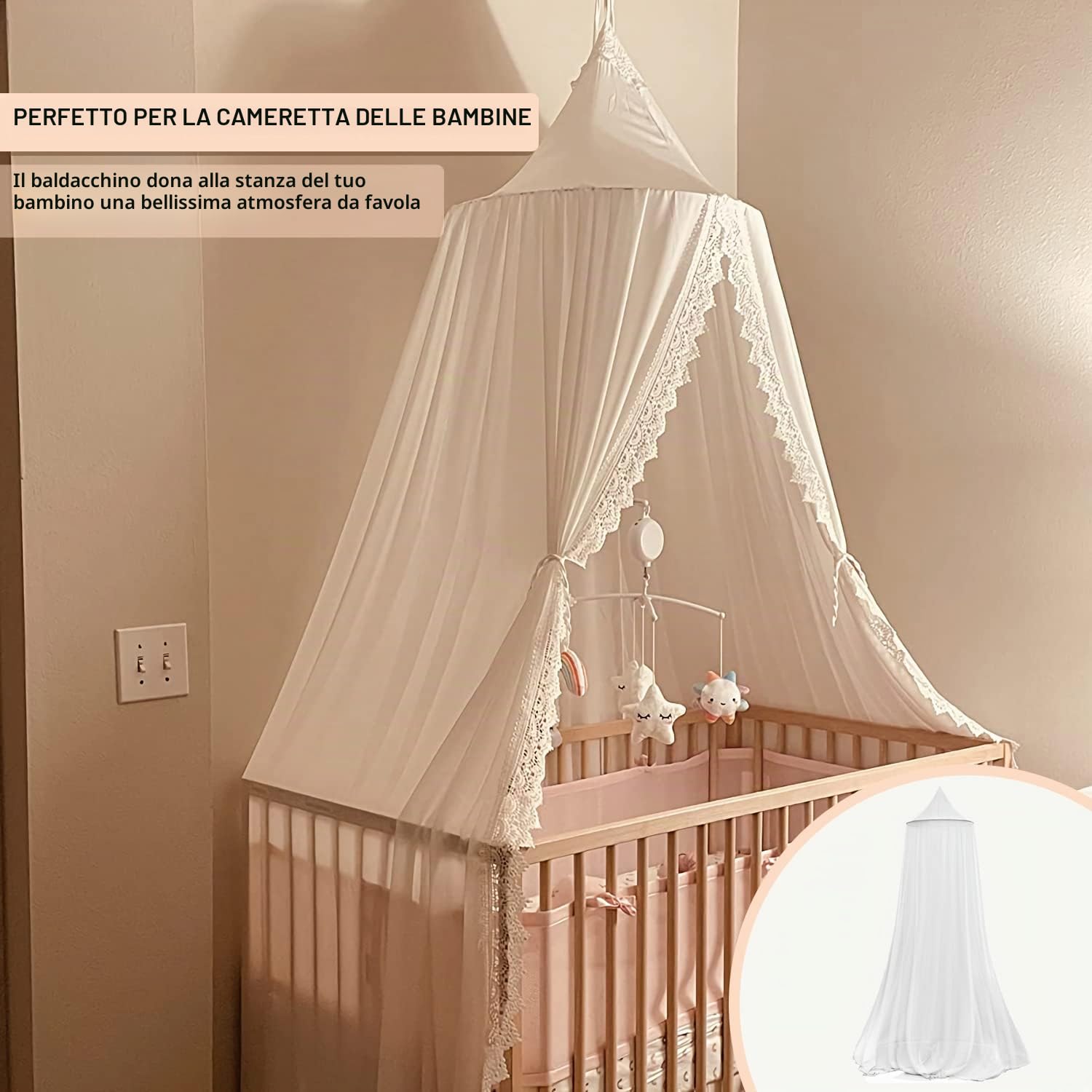 Baldacchino, baldacchino per cameretta dei bambini, baldacchino con pizzo pizzo, tende per letto a baldacchino per lettino da bambino, zanzariera Princess Bed Canopy