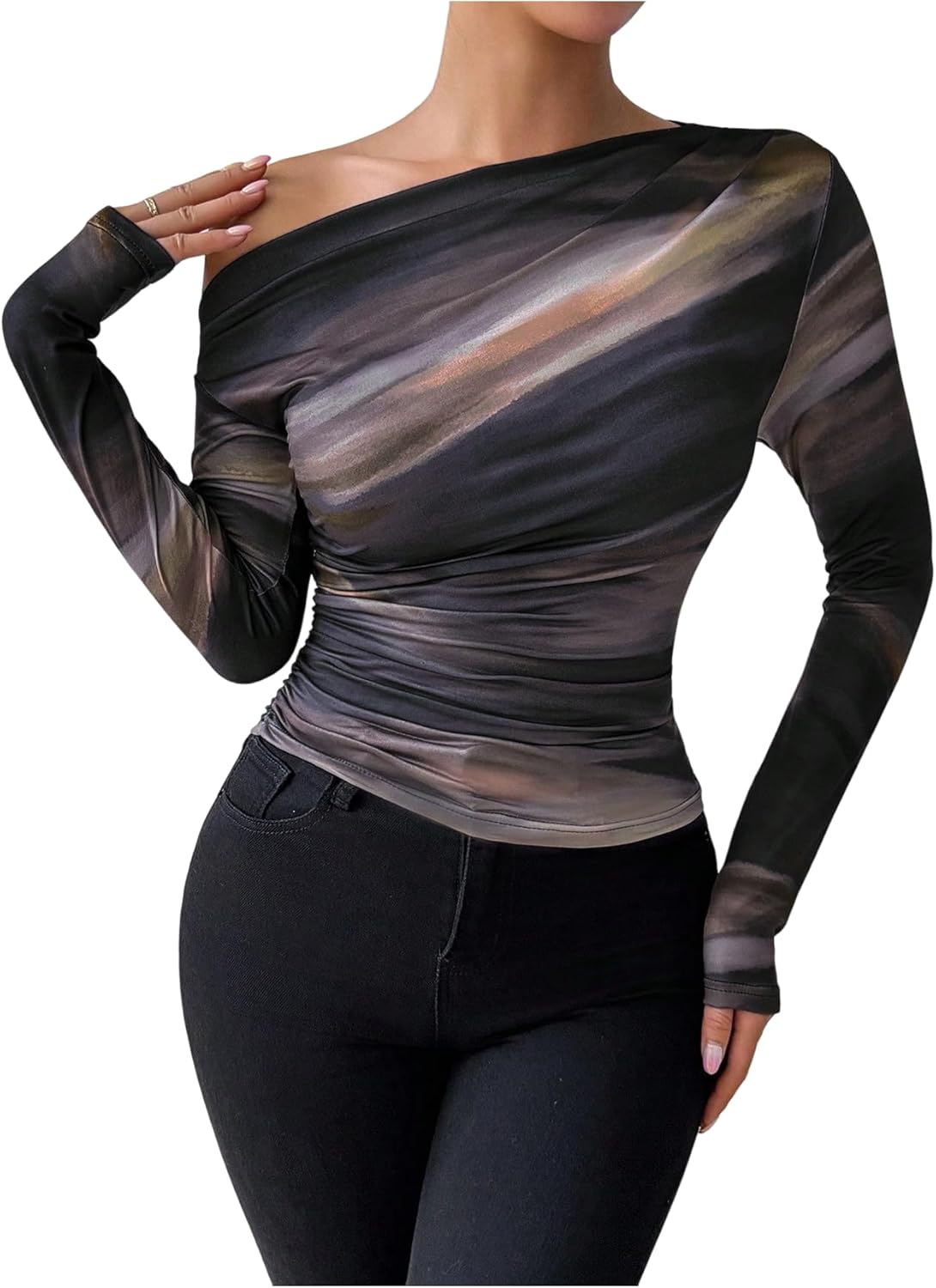 GORGLITTER Women's Ruched Off The Shoulder Top Tie Dye Sheer Mesh Long Sleeve T Shirt Fitted Trendy Going Out Shirts