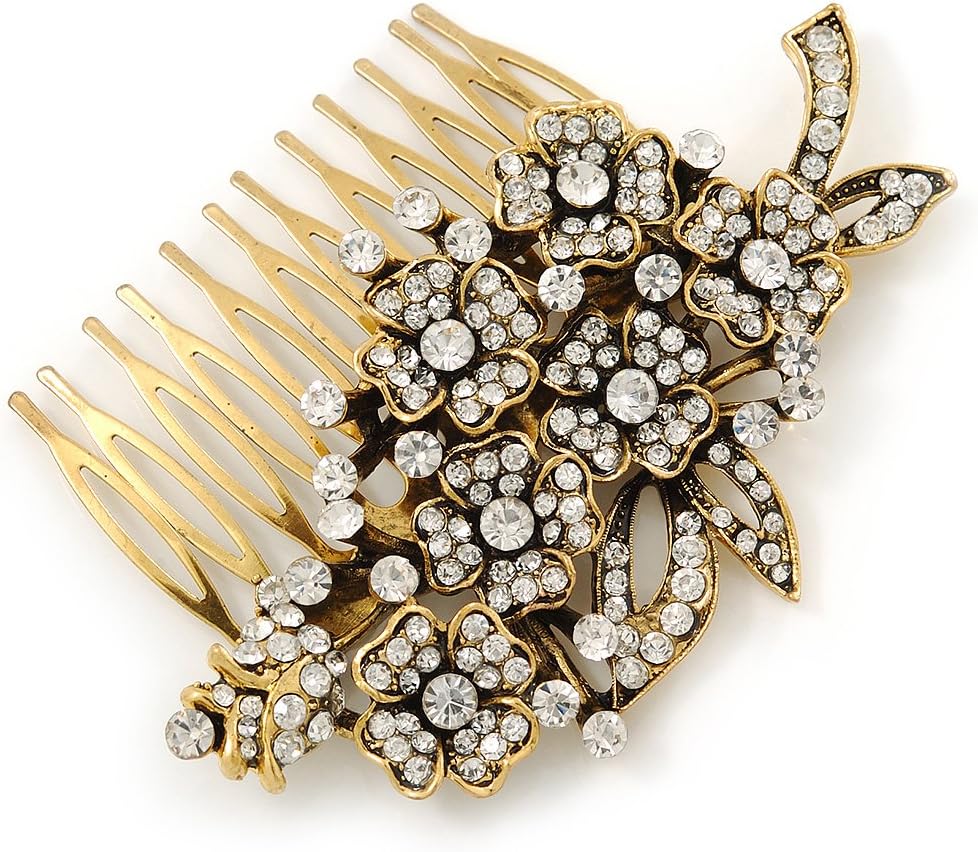 Vintage Inspired Clear Austrian Crystal 'Flowers' Side Hair Comb In Antique Gold Tone - 95mm