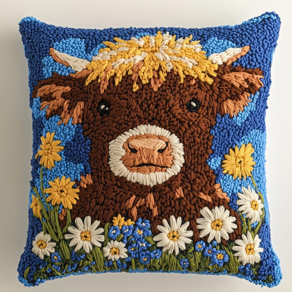 DIY Punch Needle Pillow Kit Cute Highland Cow Daisy Flowers with Pattern and Hoop Handmade Embroidery Punch Needle Starter Pillowcase Set for Home Sofa Decor 43x43cm-1-40
