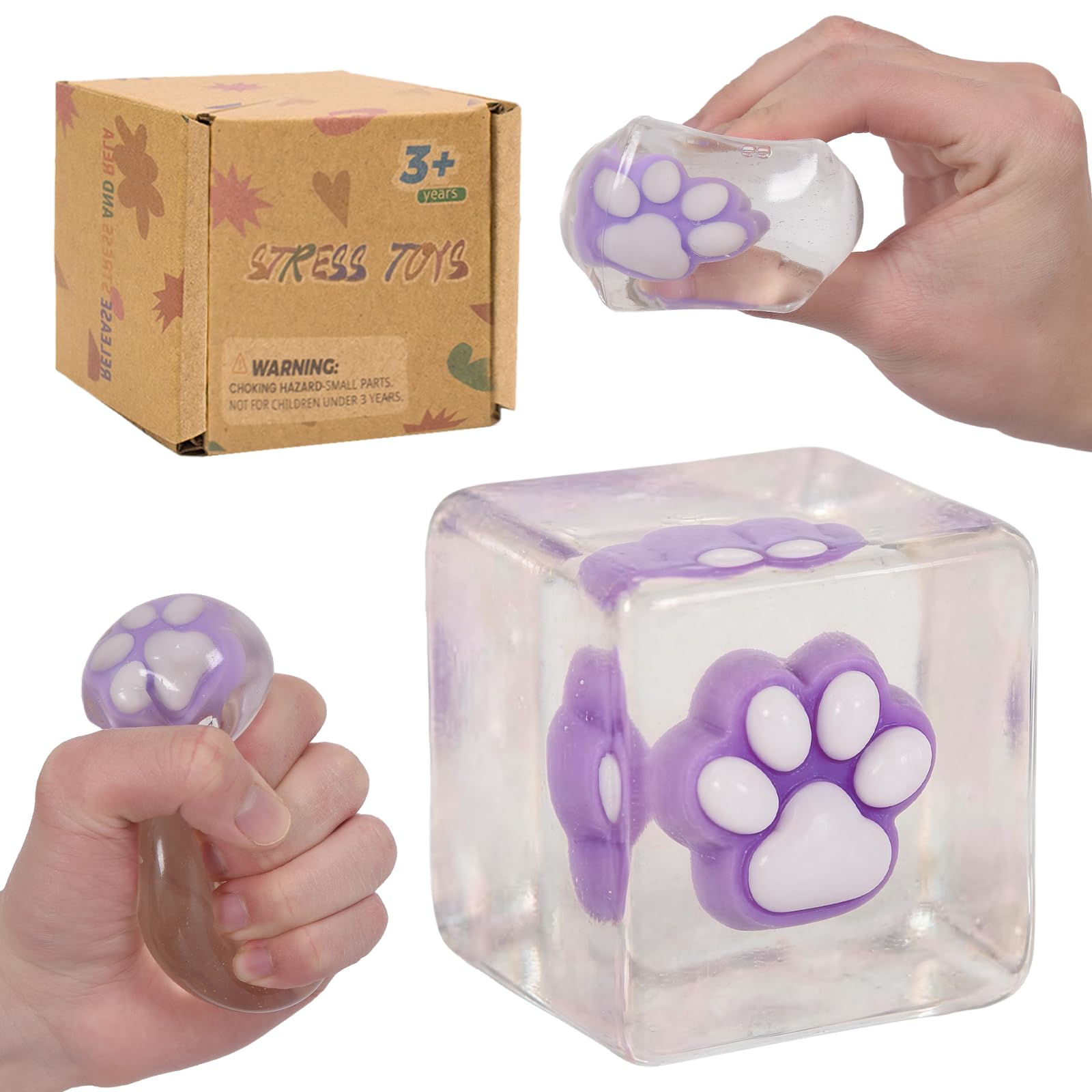 Cat Paw Squishy，Clear Cat Paw Fidget Toy,Cat Paw Squeeze Toys, Paw Squishy，Soft & Durable Squeeze Figure with Soothing Touch, Cute Stress‑Relief Desk Gift, 1.37in Mini Hand Toy(Purple)