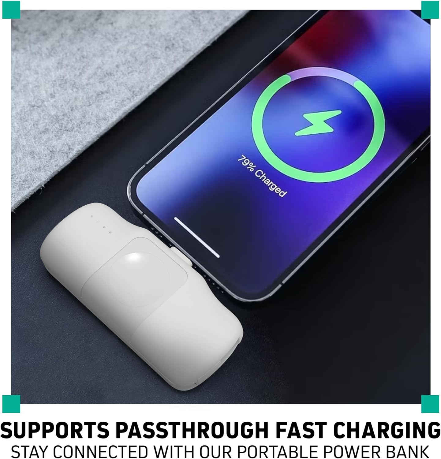 iPhone charging directly from the CHARGEWORX power bank's built-in Lightning connector.