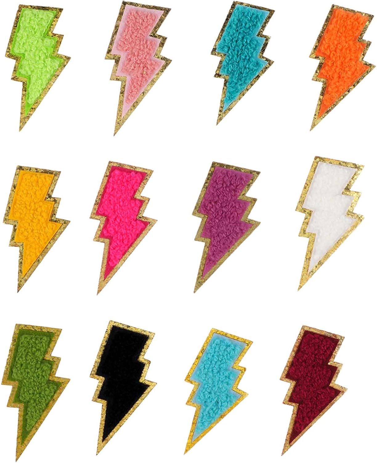 12 Pcs Lightning Bolt Patch Golden Edges Lightning Iron On Patch Colorful Sew-On Flash Appliques Chenille Patches Iron On Embroidery Patche for DIY Hats Bags Jackets Clothes