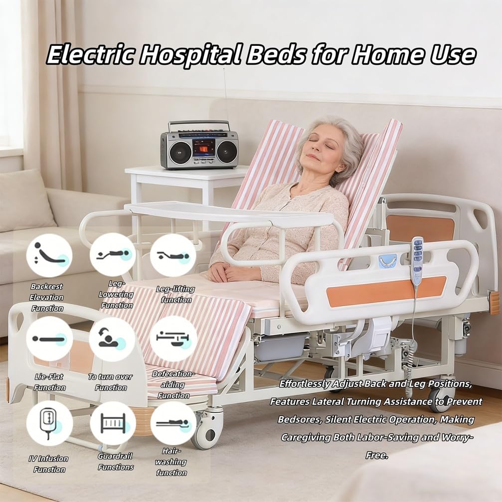 Letto ospedaliero elettrico per uso domestico con inclinazione laterale, letto medico multifunzione regolabile adatto a diverse tipologie di pazienti, con telecomando e materasso.