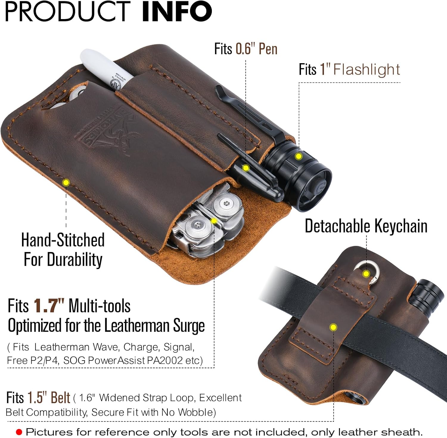 FLYHOMES Genuine Leather Multitool Sheath | Handmade Stitched EDC Belt Organizer for Leatherman Surge & Wave+ | Multi Tool Holster & Pen | Tools Pouch (Dark Brown)