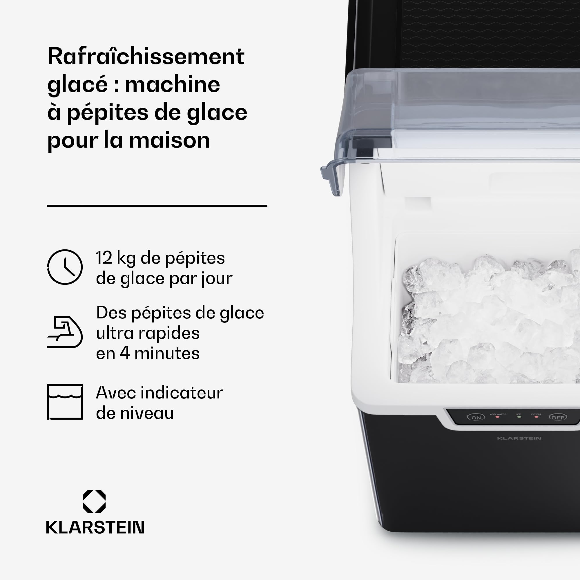 Klarstein Machine a Glacons, Machine à Glacons pour la Maison, Machine a Glacon 200W, 1,7 litres, Fonctionnement Rapide 4 min, Ice Maker 12kg de Glace, Portable, Machines à Glaçons Autonettoyante