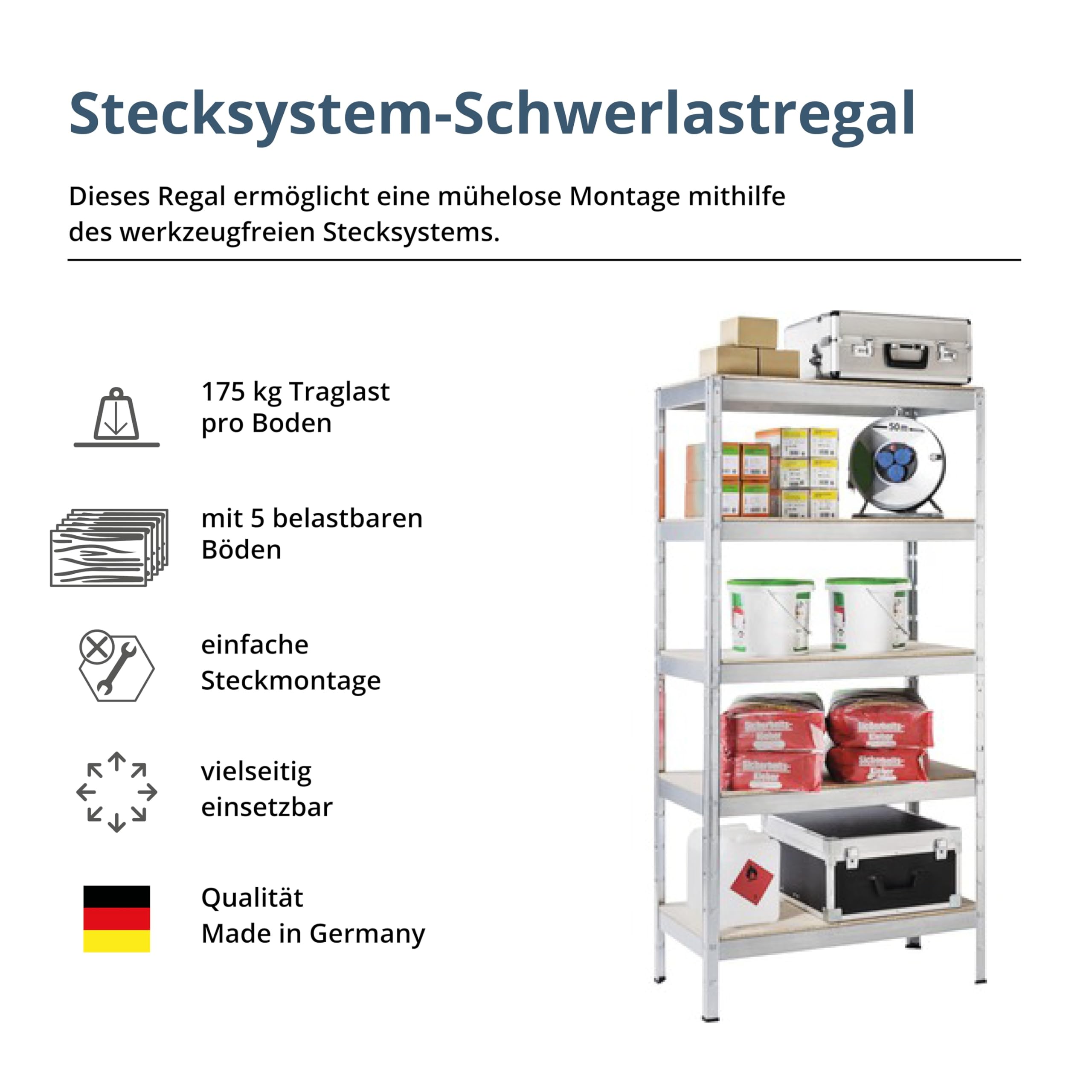 SCHULTE Regalwelt Schwerlastregal mit 5 Holzböden, 180x90x40 cm (HxBxT), Traglast pro Ebene ca. 175 Kg, verzinkt, Lagerregal, Kellerregal, Werkstattregal, Steckregal