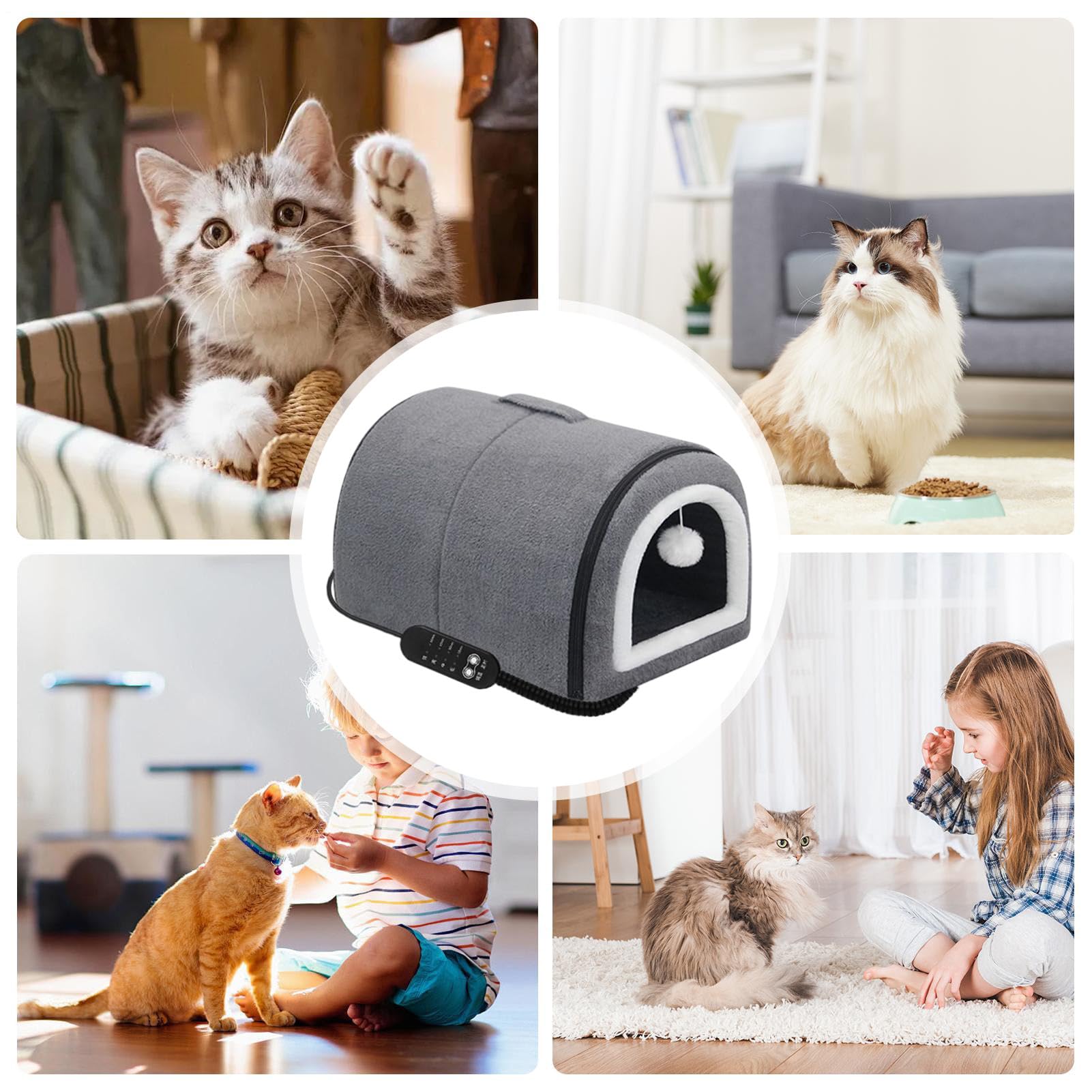 Cuccia riscaldata per gatti con tetto per un comfort regolabile della temperatura, semi-chiuso con fodera rimovibile, accessorio per animali domestici per gatti di razza media, gattini, cuccioli