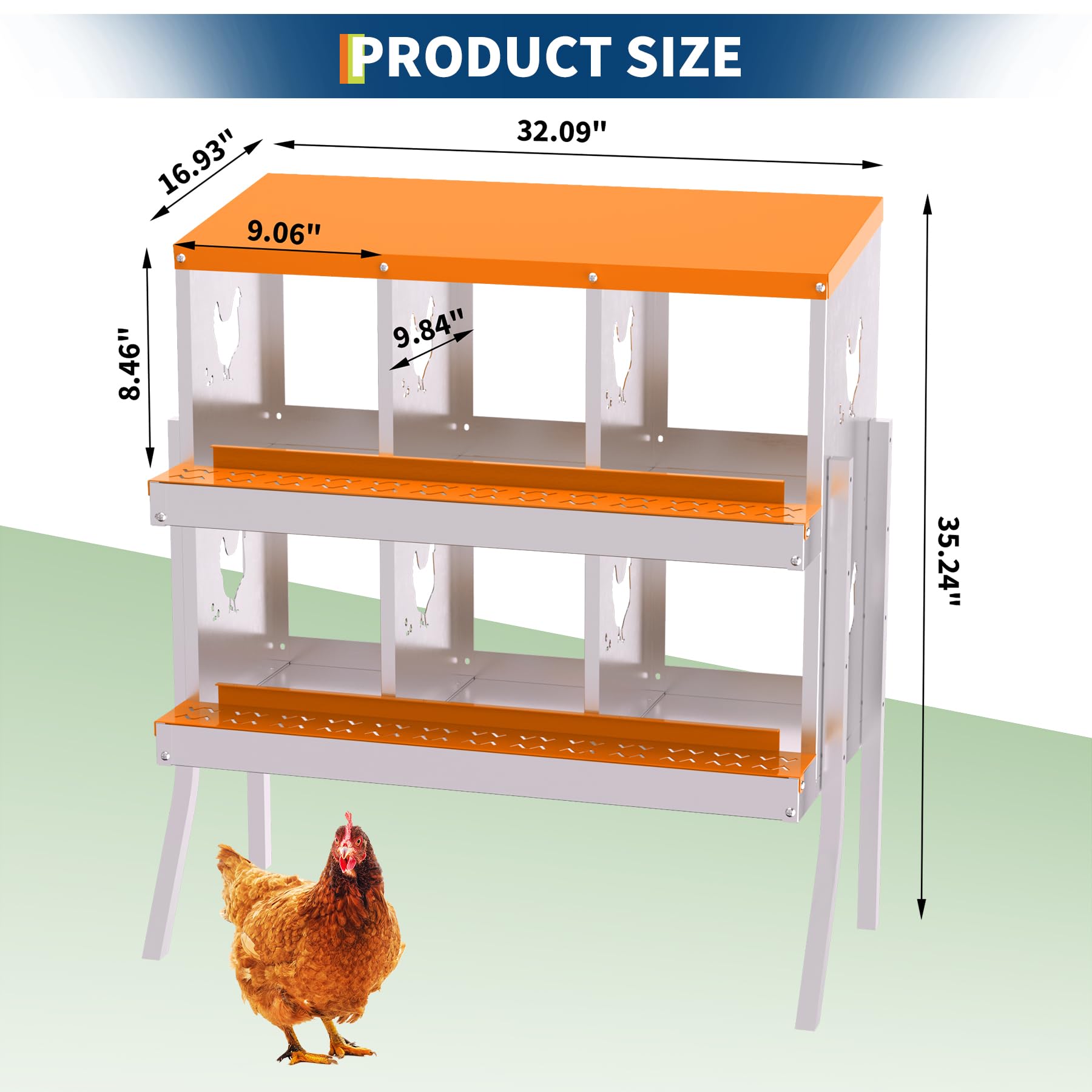 Garvee Nido per Galline Ovaiole a 6 Scomparti, Cassetta Nido in Acciaio Zincato con Supporto e Vassoio Estraibile, Design Roll-away per Raccolta Uova Sicura, Antiruggine e Durevole, Arancione