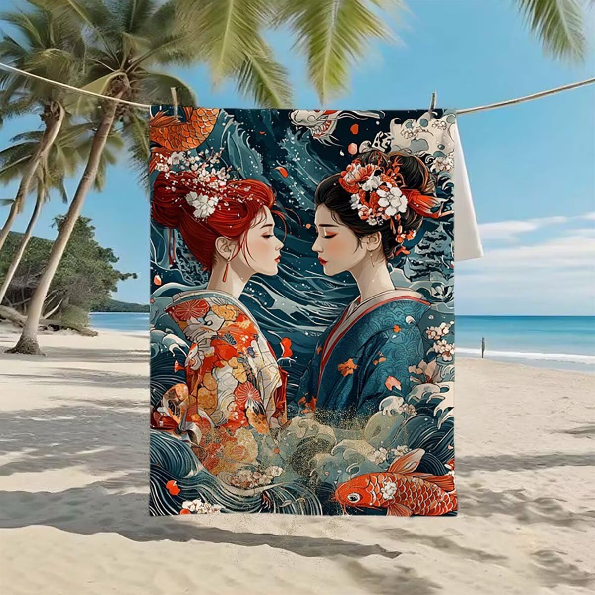 Serviette de Plage Japon Lot de 2 Serviette Microfibre Drap de Plage XXL 100x200cm/35x70cm, Séchage Rapide Anti Sable Drap de Bain, Vacances Plages Accessoire pour Voyages Camping Pique-nique E-69