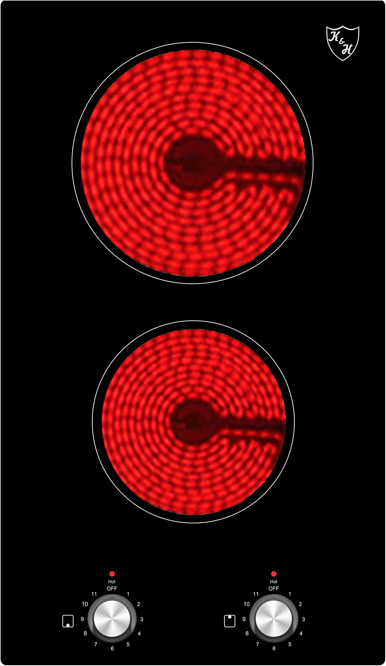 K&H 2 Burner Dual 12 Inch Built-in Electric Stove Top Radiant Ceramic Cooktop Knob Control 240V 3000W KCN-3002K