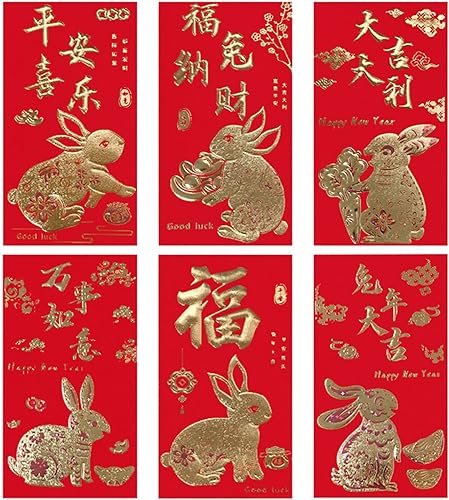 Honrane 6 sobres rojos de Año Nuevo chino sobres de dinero de la suerte sobres de bolsillo rojo del año del conejo sobre rojo de Año Nuevo sobres