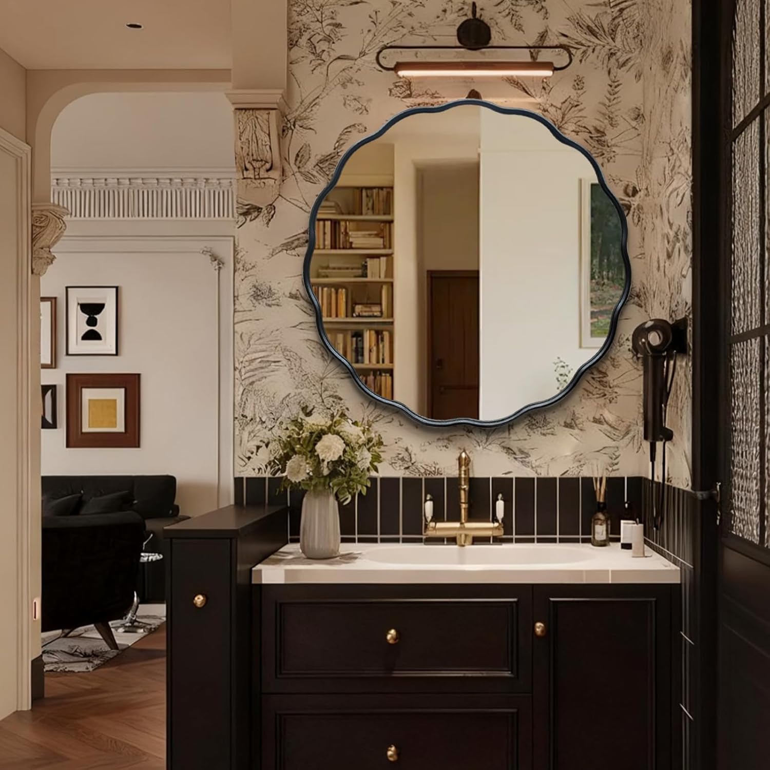Black Round Wavy Mirror 30 Inch ，Circle Bathroom Vanity Mirror with Mental Frame Modern Decorative Wall Mirror for Living Room Hallway