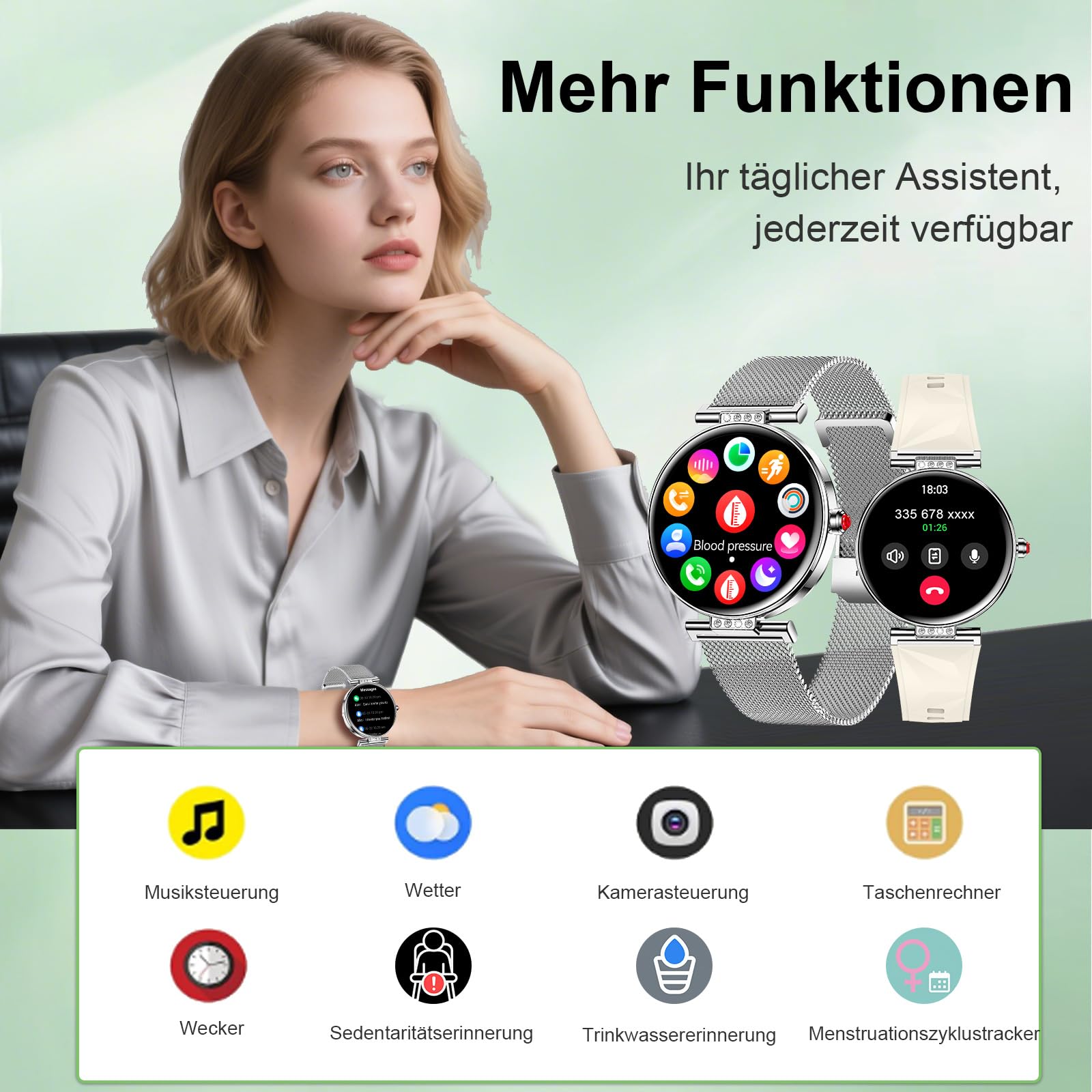 Smartwatch für Damen mit Telefonfunktion App-Benachrichtigungen Rund Schmal GesundheitsüBerwachung SchlafüBerwachung Fitness-Tracker Uhr Kleine DüNne Bluetooth Wasserdicht Android Ios