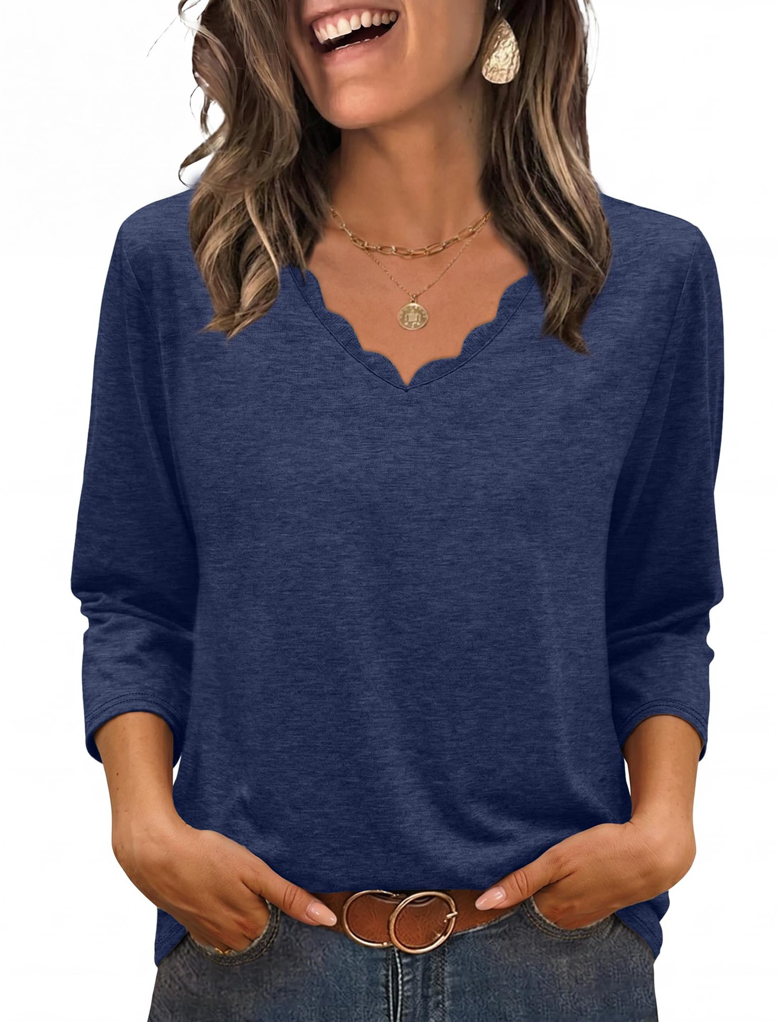 3/4 Length Sleeve Womens Tops Dressy Casual Blouses V Neck Shirts Summer Clothes Early Fall Fashion Outfits