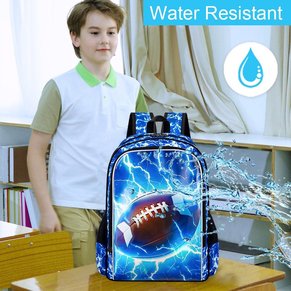 UFNDC 3PCS Kids Rugby Backpack, Boys Lightning Bookbag with Lunch Box, 17" Water Resistant School Bag for Teenagers Elementary Middle