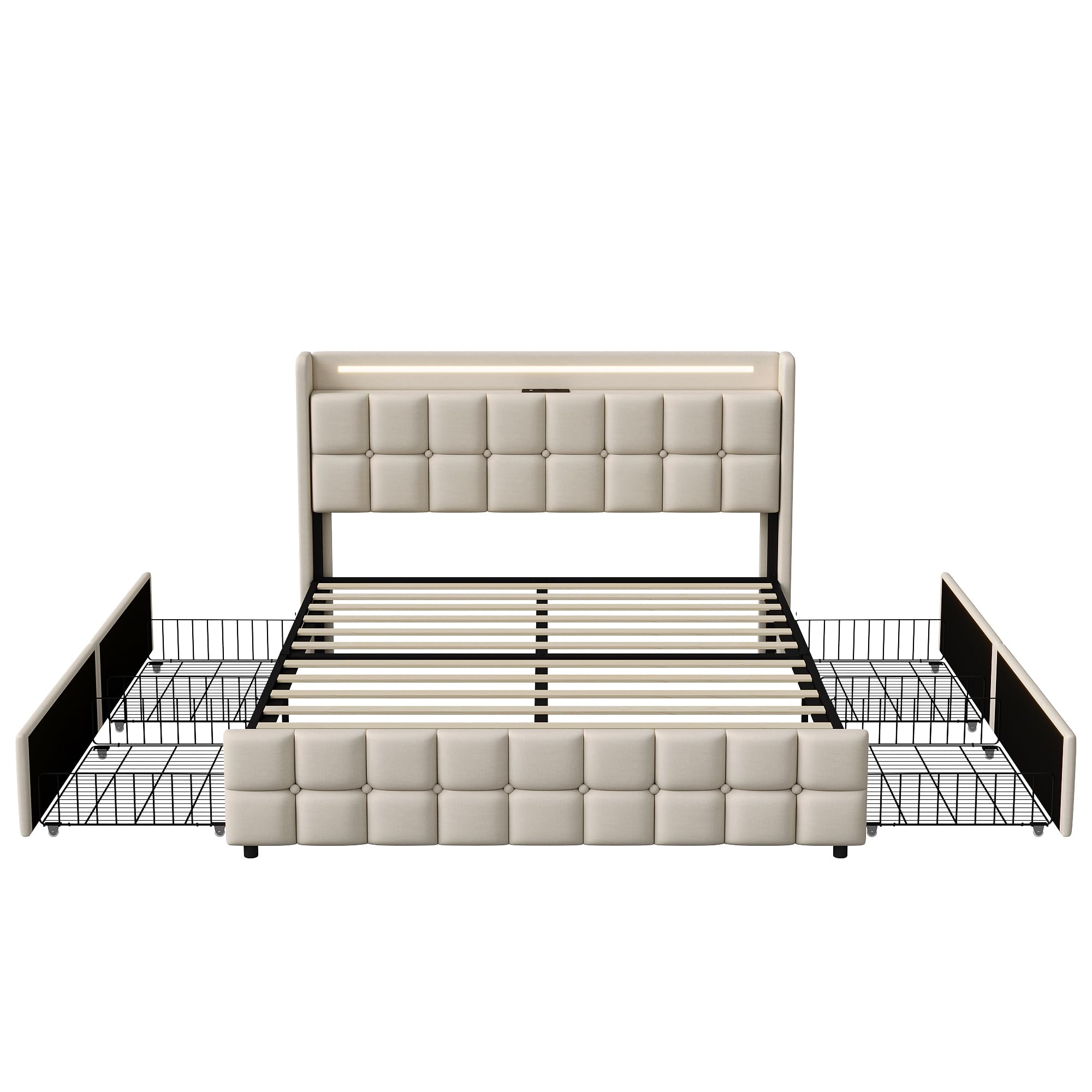 Polsterbett 180x200 mit LED, Doppelbett mit 4 Schubladen Stauraum und Kopfteil, Stauraumbett Jugendbett mit USB & Type-C, Bettgestell mit Lattenrost,Leinen in Beige, Ohne Matratze