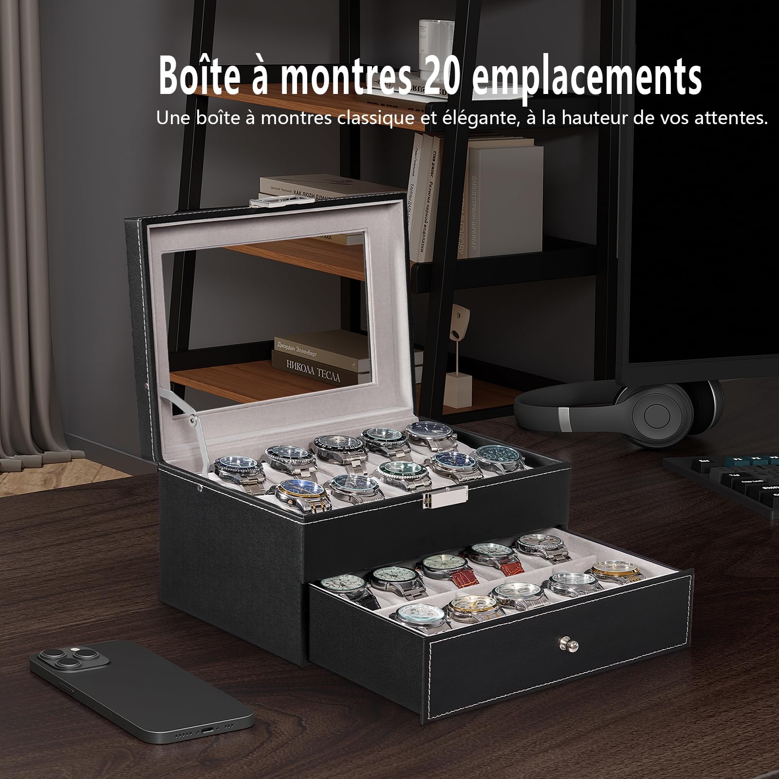 BEWISHOME Boîte de Montre 20 Compartiments, Boite Rangement Montre Homme, Charnière en Métal Noir Cuir PU Verre Haut Grand Support SSH04B