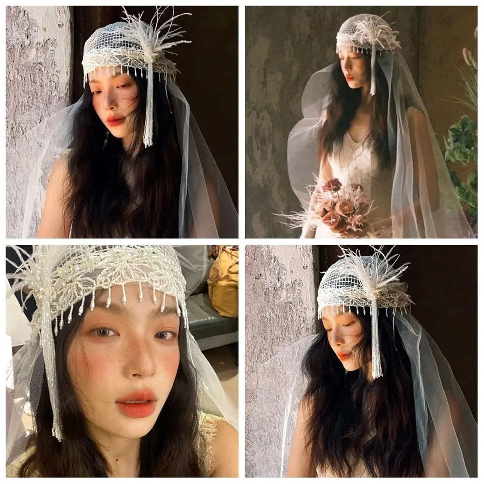 Diseño con velo de novia borlas plumas estilo francés
