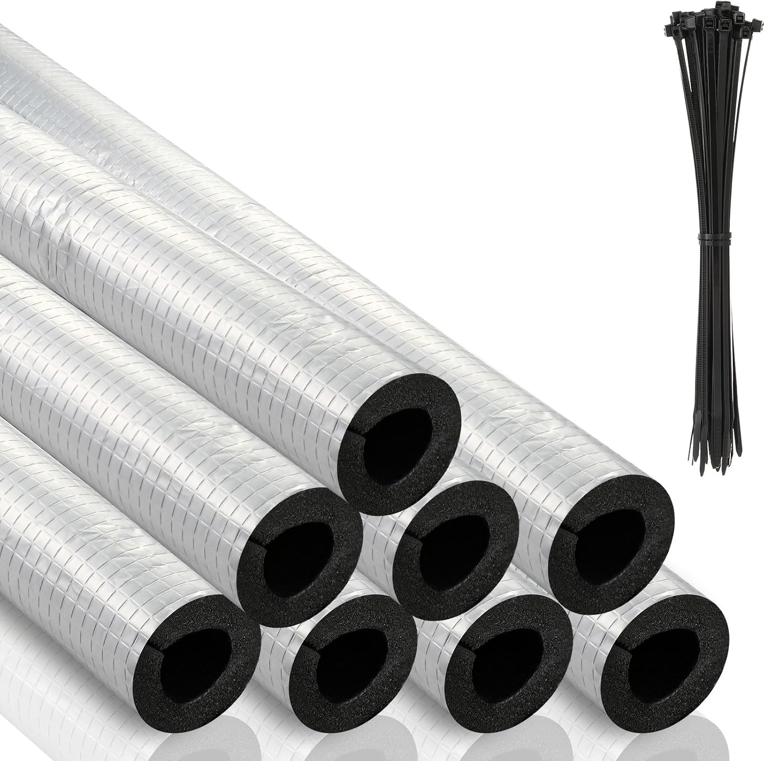 Tondiamo 8 Pcs 3 FT Pipe Insulation Foam Tube Self Adhesive Insulation Foam Wrap with Aluminum Foil Tape & Cable Ties for Tubing Heat Preservation Winter Outdoor Freeze Protection (3/4 Inch)