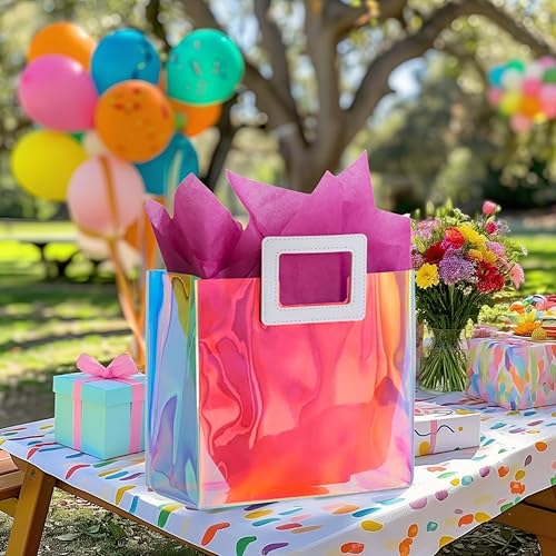 Miniatura 3 de VUOJUR Bolsa de regalo holográfica grande con papel de seda, reutilizable, bolsa de regalo de cumpleaños para mujeres y niñas, iridiscente,