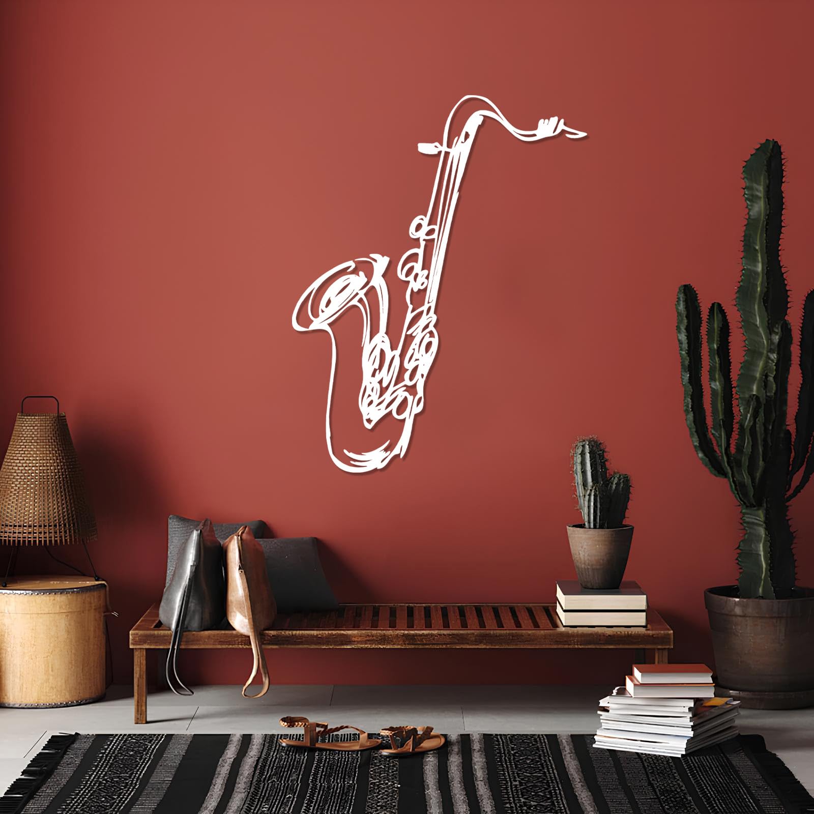 Decorazione da Parete Sassofono in Metallo Bianco 90 X 70 Cm Arte Murale Jazz Musica Strumento Astratto Decorazione Studio Bar Soggiorno Regalo Musicista White 19L x 14W