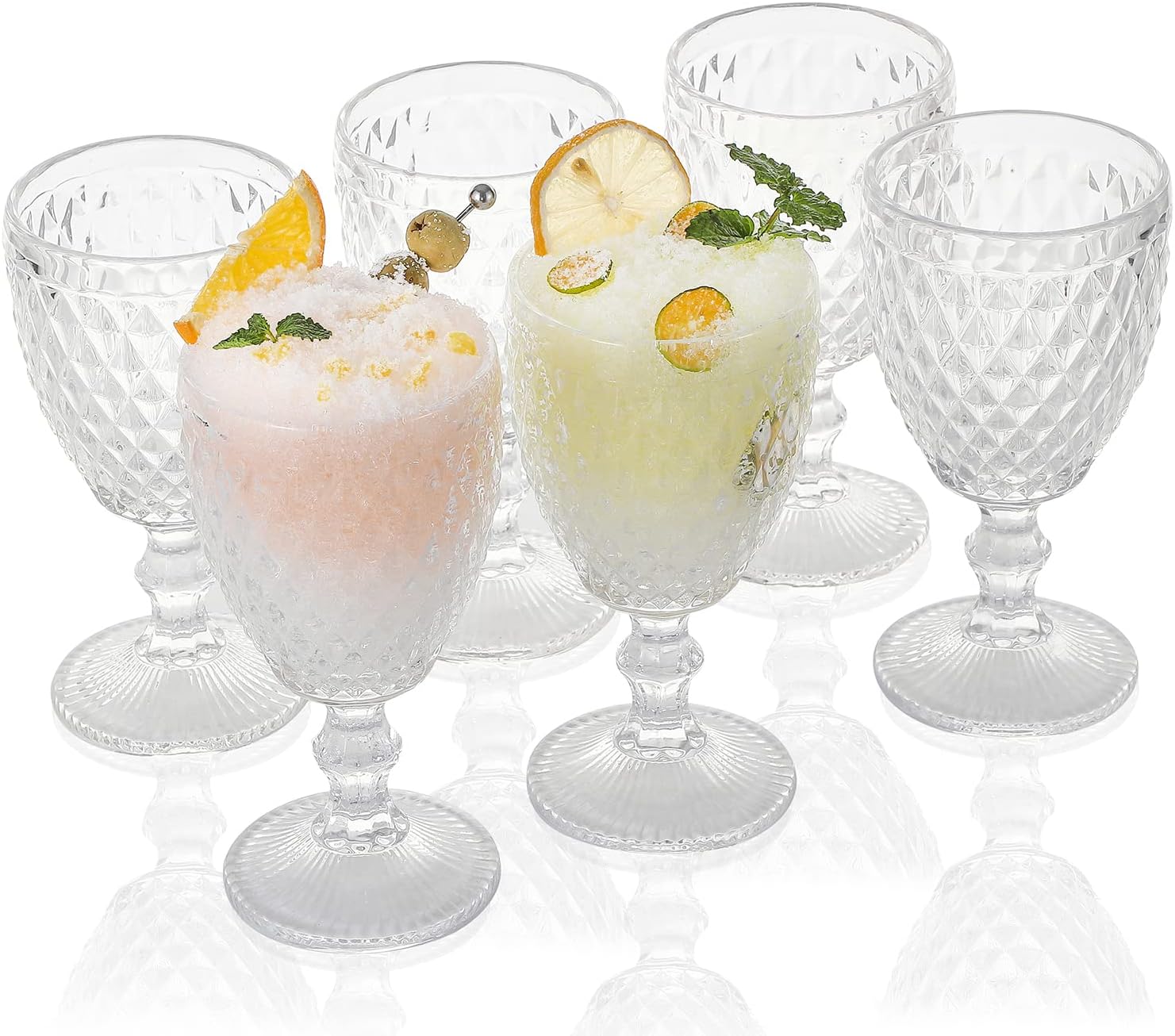 1500 C Tabletop Argyle ollection Goblet Glasses 10 oz. set of 6 from rystal lear Water Goblets Vintage Embossed with Diamond Pattern for Iced Tea Beverage for Party and Wedding