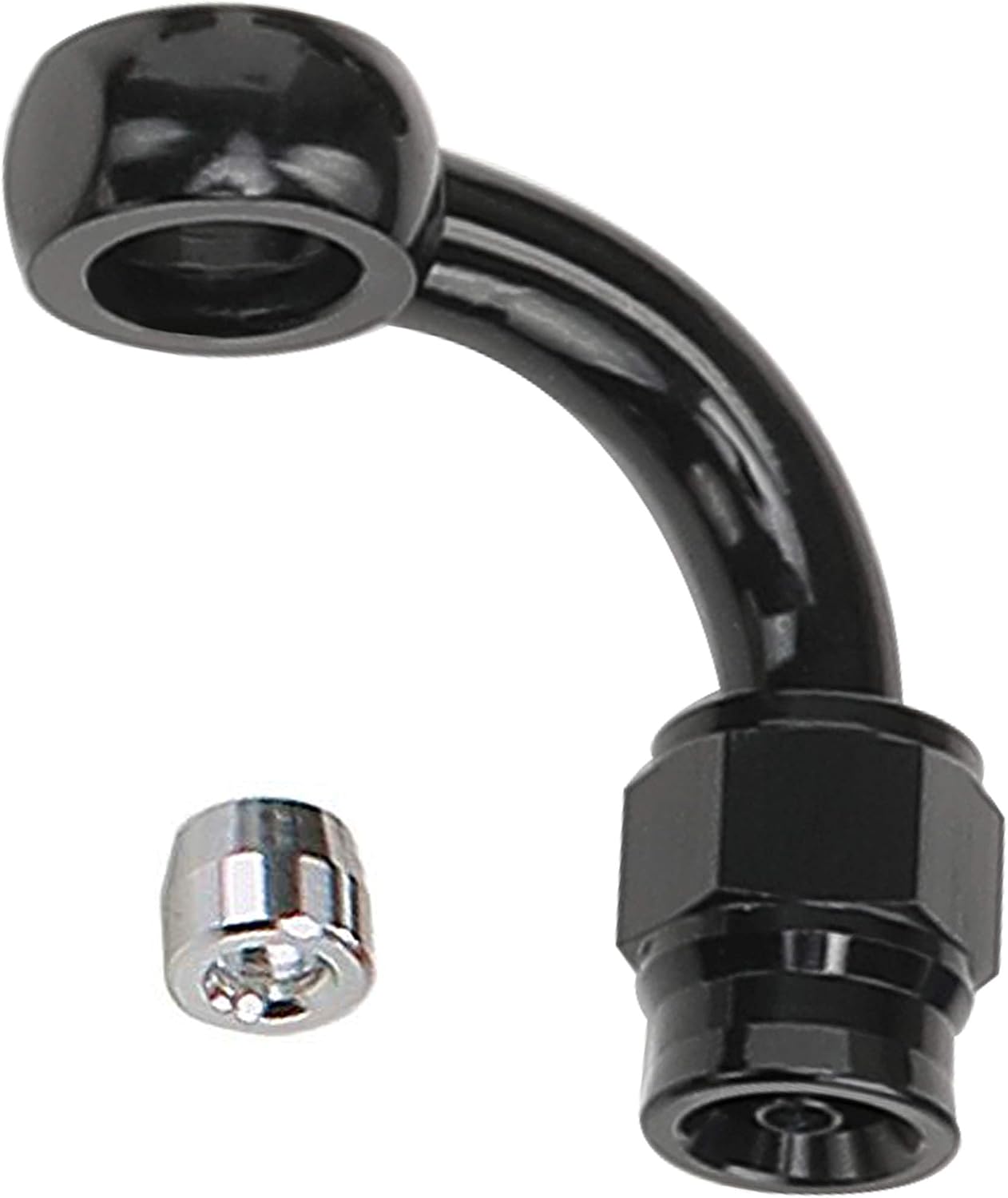 AC PERFORMANCE Black Aluminum Single Eye Banjo Bolt M10 x 1.0 Thread Length 23MM Fuel Oil Pump Bolt and Aluminum Brake Fitting 90 Degree Banjo Eye Hole Diameter 10.2mm to -3 an PTFE Hose End