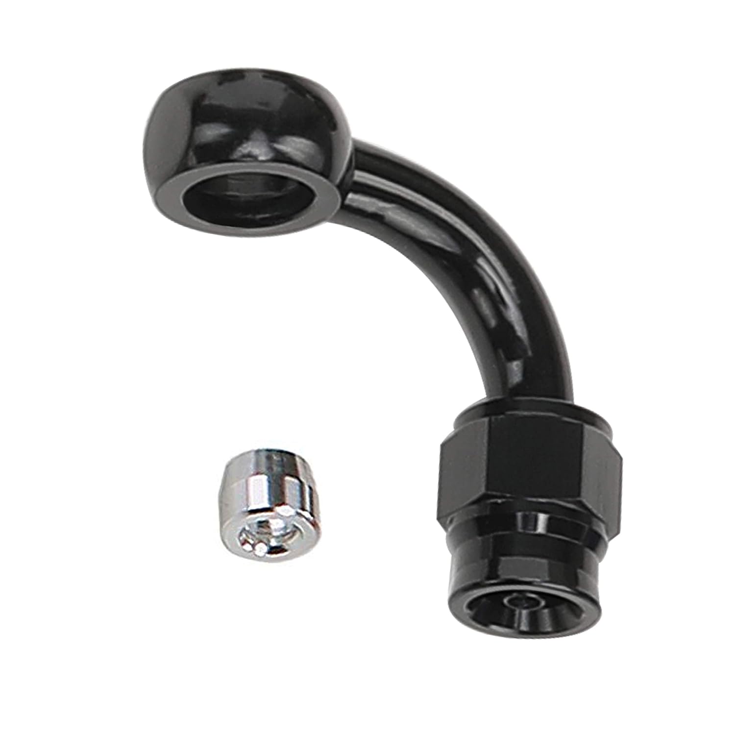 AC PERFORMANCE Black Aluminum Single Eye Banjo Bolt M10 x 1.5 Thread Length 23MM Fuel Oil Pump Bolt and Aluminum Brake Fitting 90 Degree Banjo Eye Hole Diameter 10.2mm to -3 an PTFE Hose End