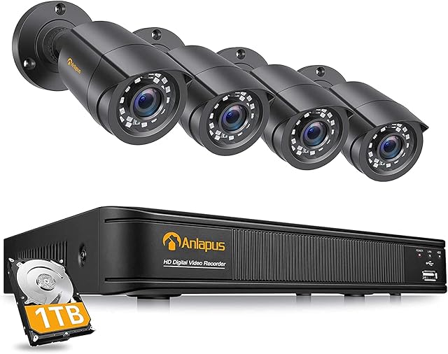 Anlapus 8 Channel 1080P CCTV Camera Systems, 4pcs 2MP Weatherproof Home Security Camera and 5MP H.265+ DVR with 1TB Hard Drive, Motion Detection, Email &APP Alert,Live Viewing