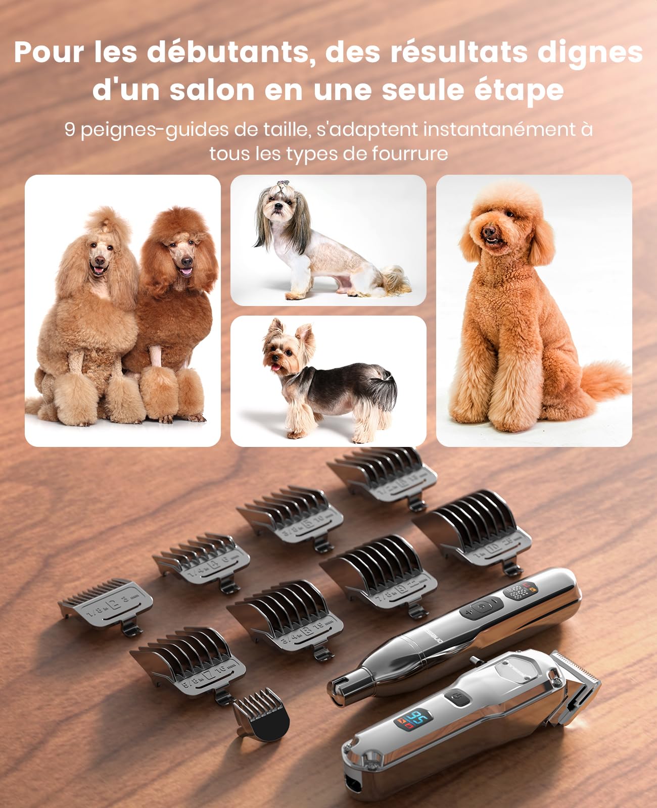Tondeuse pour chien 4 en 1 oneisall pour poils épais/denses, tondeuse professionnelle silencieuse/coupe-griffes/lime à ongles pour petits et grands chiens et chats, batterie 4h