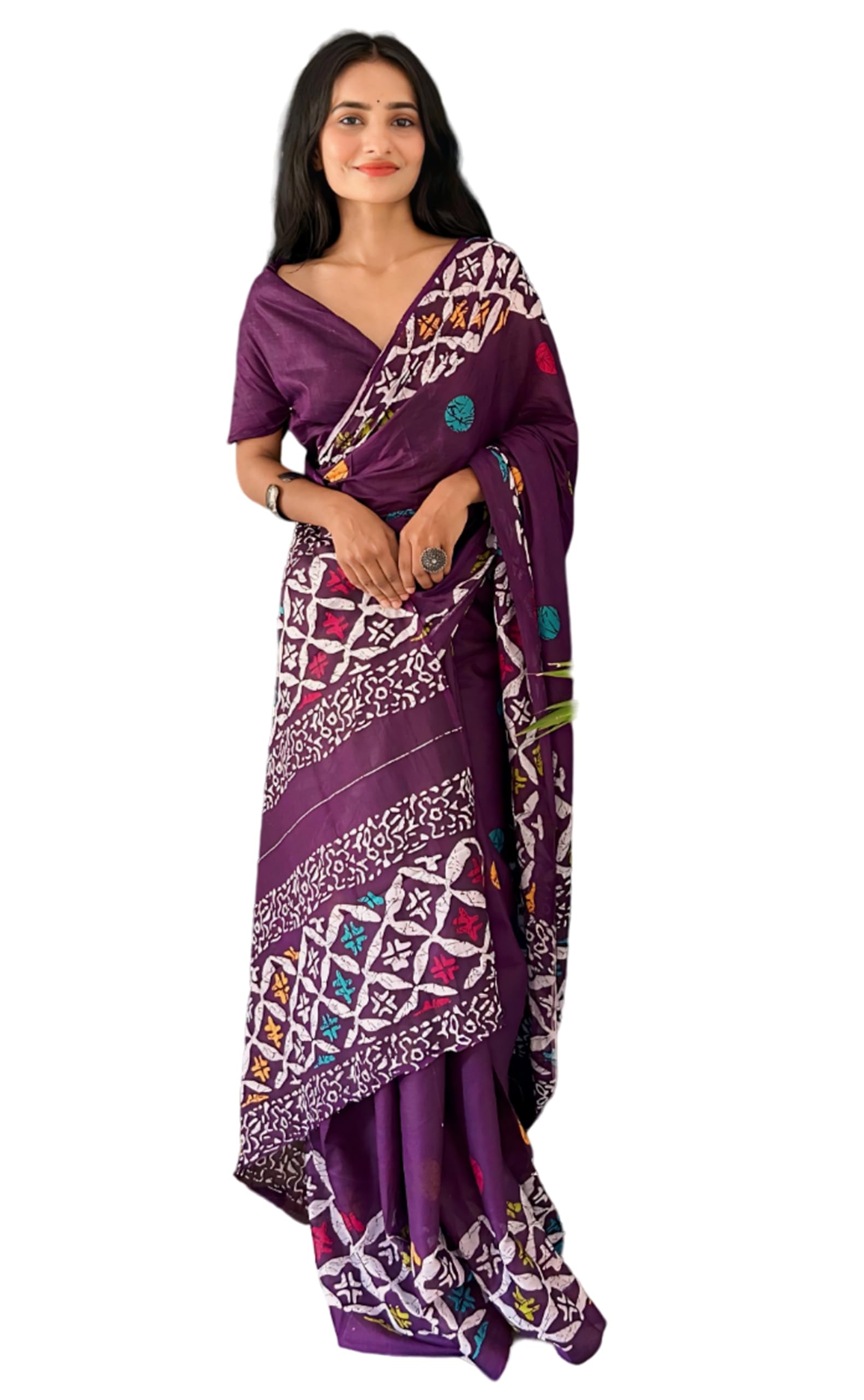 HMP FashionWomen's Ikat Hand Block Print Design Jaipuri Print Cotton Mulmul Saree with unstitch Blouse Piece