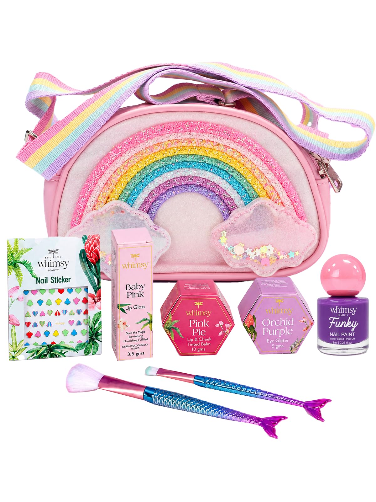 Whimsy 6 pcs Safe & Organic Sling Bag Beauty Kit for Teen, PreTeen Girls|Non-Toxic Lip Cheek Tint, Lip Gloss, Eye Glitter, Nail polish, Nail Sticker|Cruelty-Free & Vegan|Water Washable Make Up (Pink)-image-28