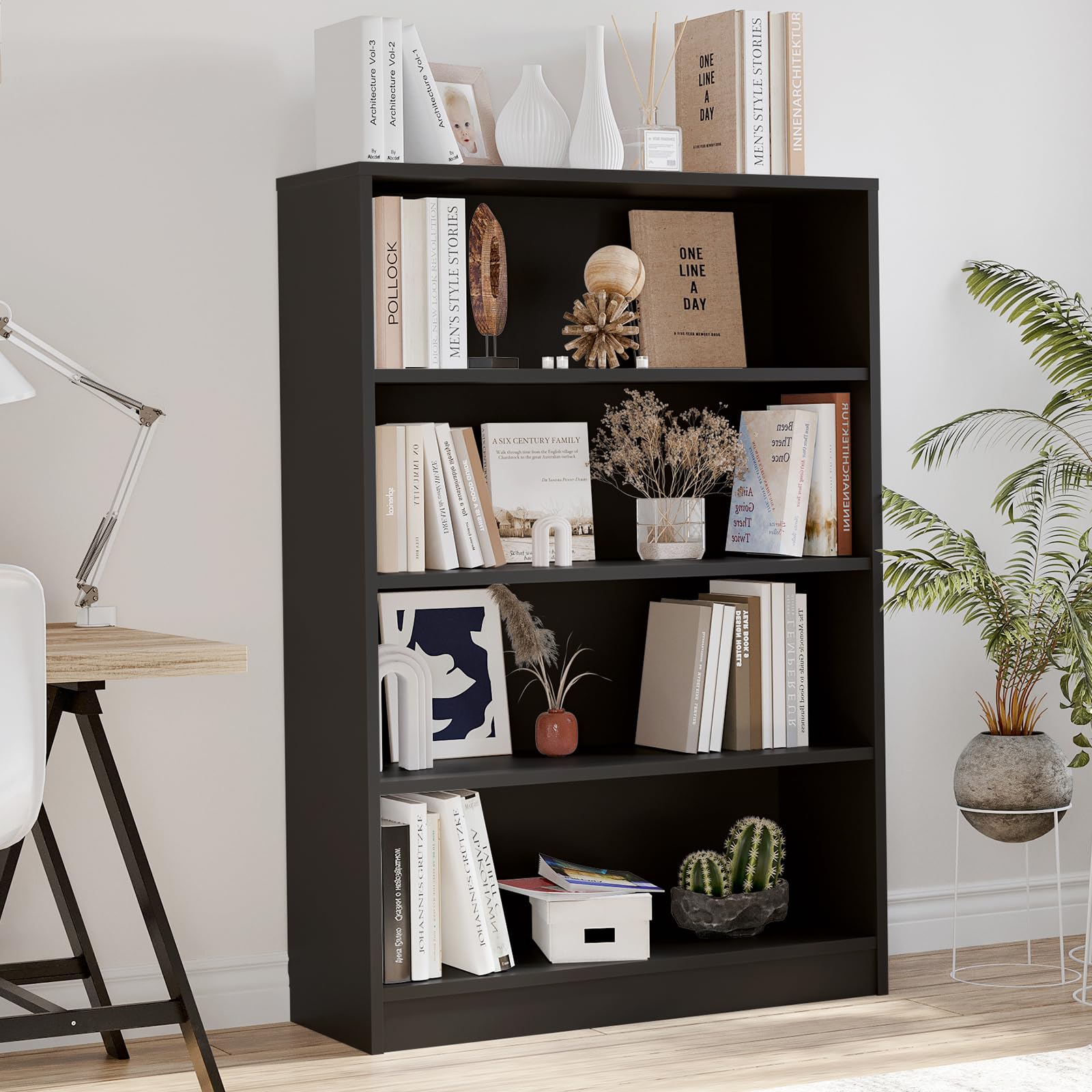 Condition photo showing New/Like New for farini 4 shelf boockase display bookcase freestanding wooden bookshelves for home office living room,48 inch height,black