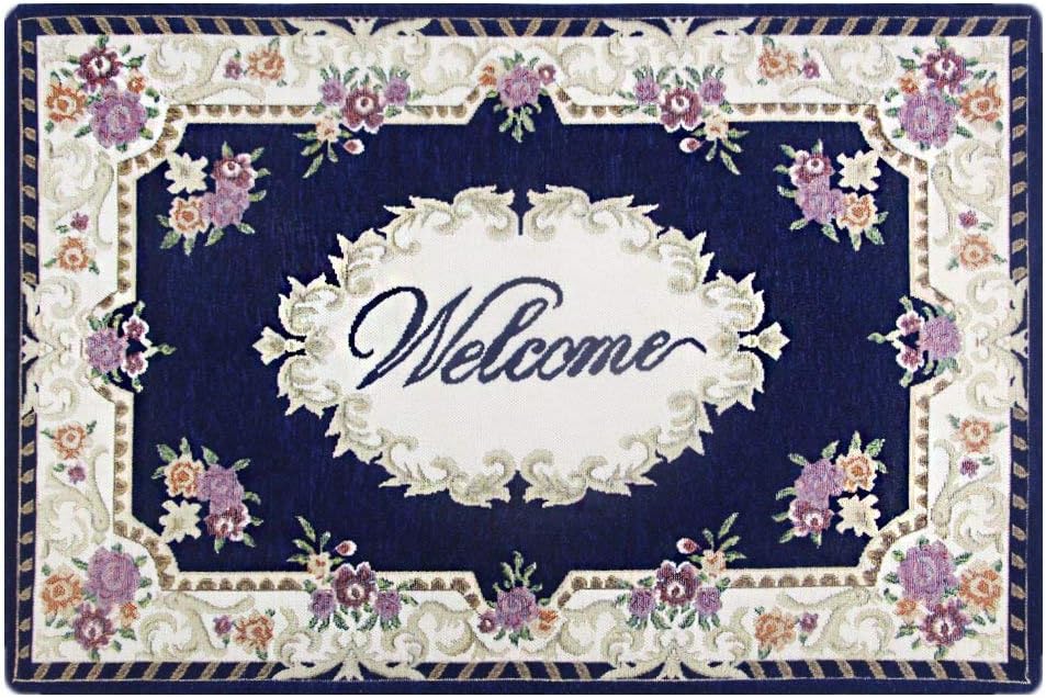 DNRTH-50*80-B Front Doormat Welcome Scraper Entrance Indoor/Outdoor Mat, Collection Rectangular Welcome Bordered Doormat, 18''x30''- Blue