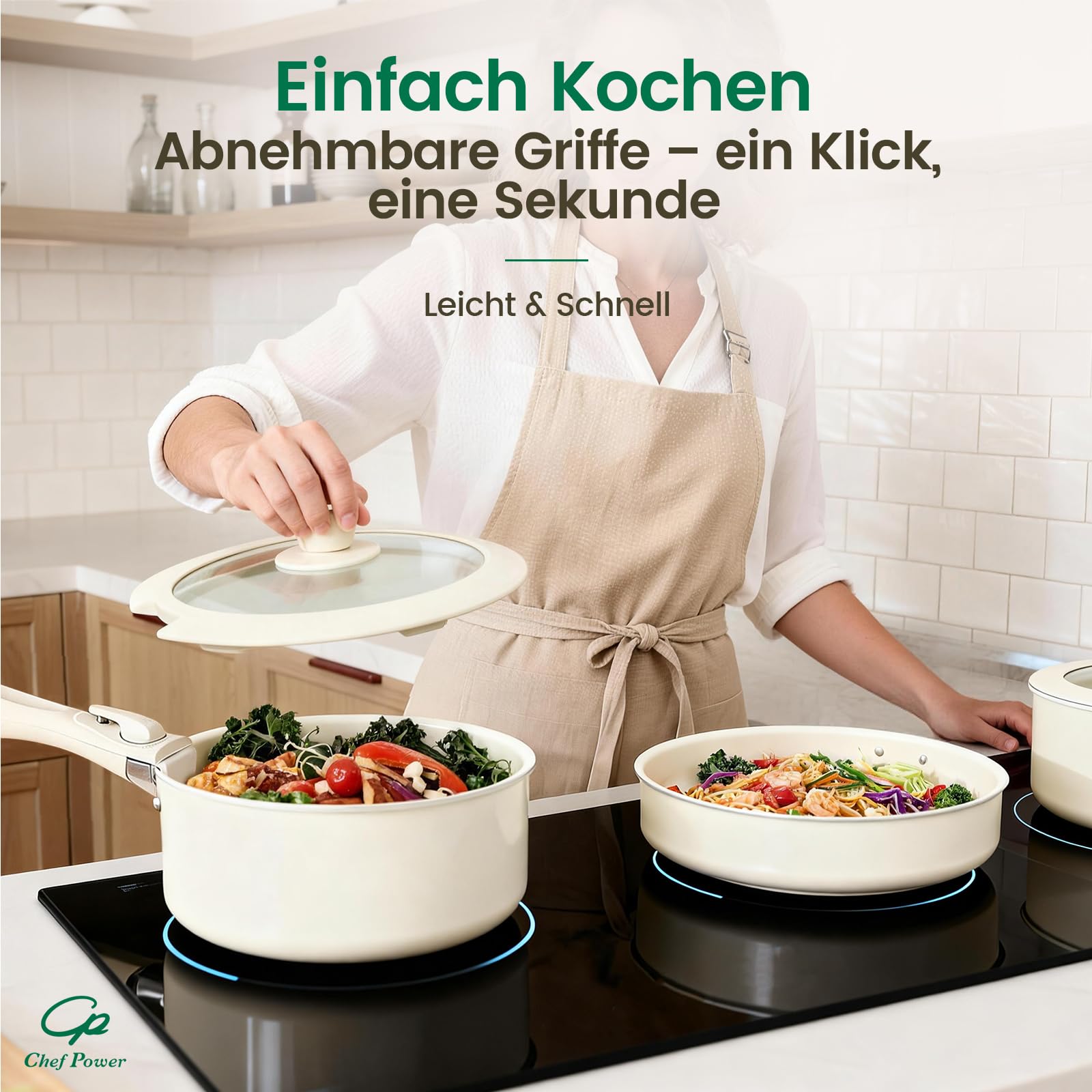 Chef Power 19-teilig Pfannenset Topfset mit abnehmbaren Griffen, Titan-Keramik-Antihaft Kochgeschirr Set, Pfanne 24/28cm, Schmorpfanne 26cm, Töpfe 16/20cm, für alle Herdarten, backofenfest, Weiß