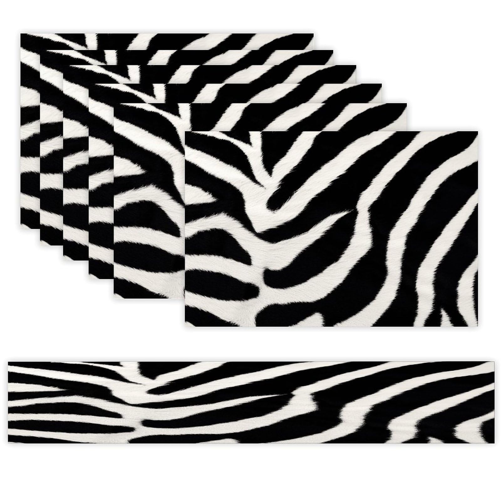 Zebra Animal Placemats Set of 7 Exquisite Linen Table Mat Seven Piece Set Includes 13"x71" Fashion Table Runner and 12"x18" Place Mat Decor for Kitchen Dining Room