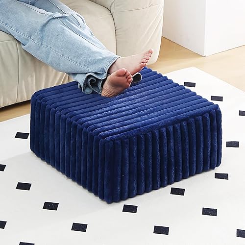 Miniatura 17 de Tiita Puf Otomán Redondo Relleno, Pufs de Piel Sintética a Rayas con Relleno de Trozos de Espuma, Puf Peludo y Esponjoso de 21 x 21 x 12 pulgadas,