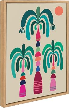 Kate and Laurel Sylvie MCM Palm Trees Framed Canvas Wall Art by Rachel Lee; 18x24 Natural; Colorful Mid-Century Tree Art for Wall