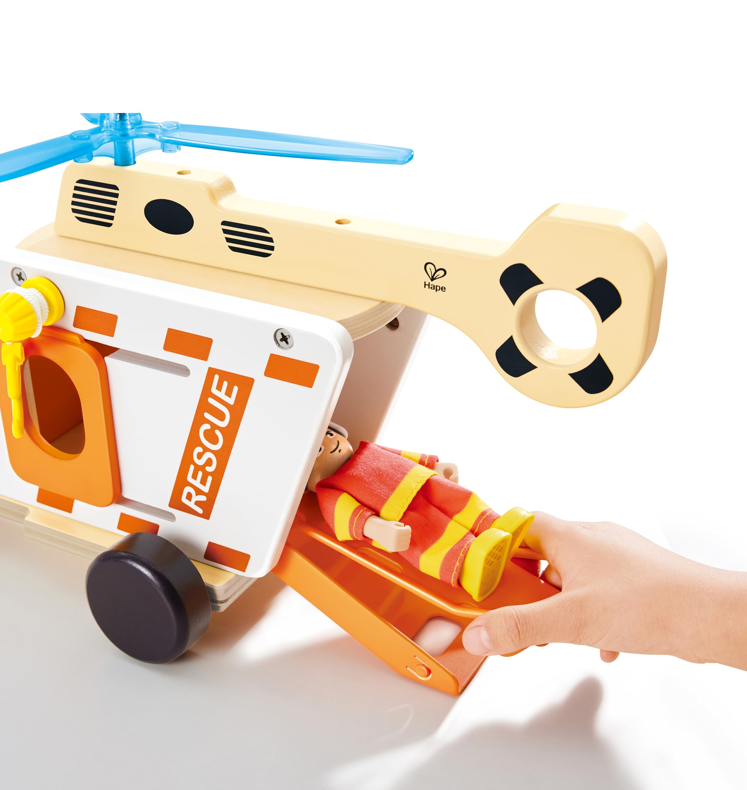 Hape Zestaw helikopterów ratunkowych, z drewna, z figurką i nosidełkiem, zabawkowy helikopter, zabawka dla małych ratowników życia, wytrzymała drewniana zabawka, dla dzieci od 2 lat